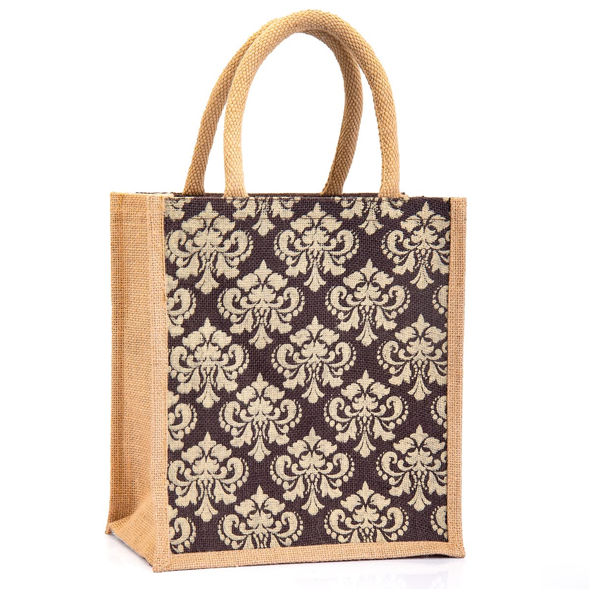 Eco-Friendly Jute Lunch Bag with Zip & Bottle Holder - Reusable Tote for Office, Picnic & Travel - Stylish Damask Design - Perfect for Work, School & Outdoor Activities