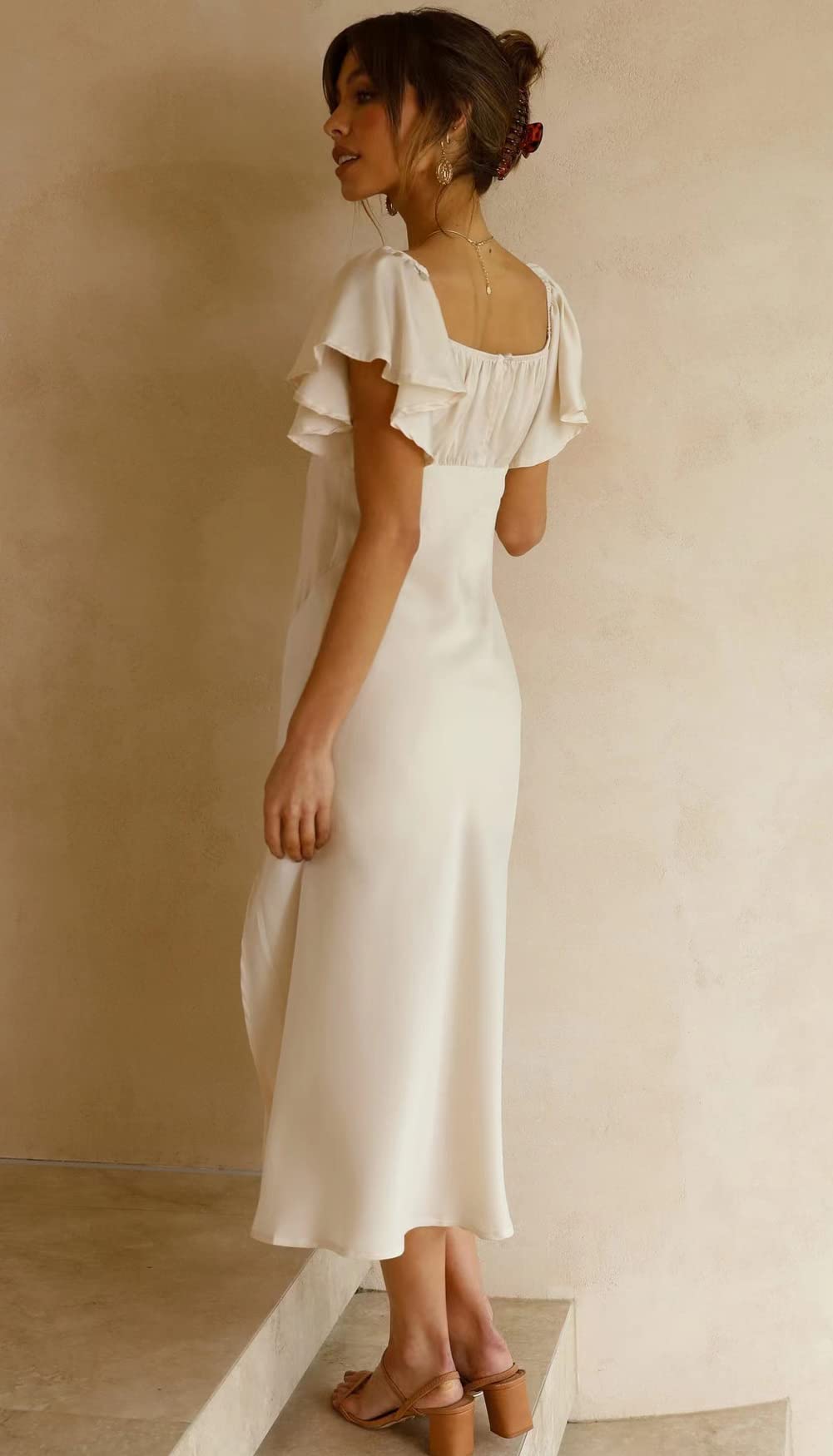 2025 Summer Women's Satin Off Shoulder Formal Dress - Elegant Butterfly Sleeve Cocktail Midi Dress for Wedding Guest, Prom & Special Occasions | Split Design for Comfort & Style
