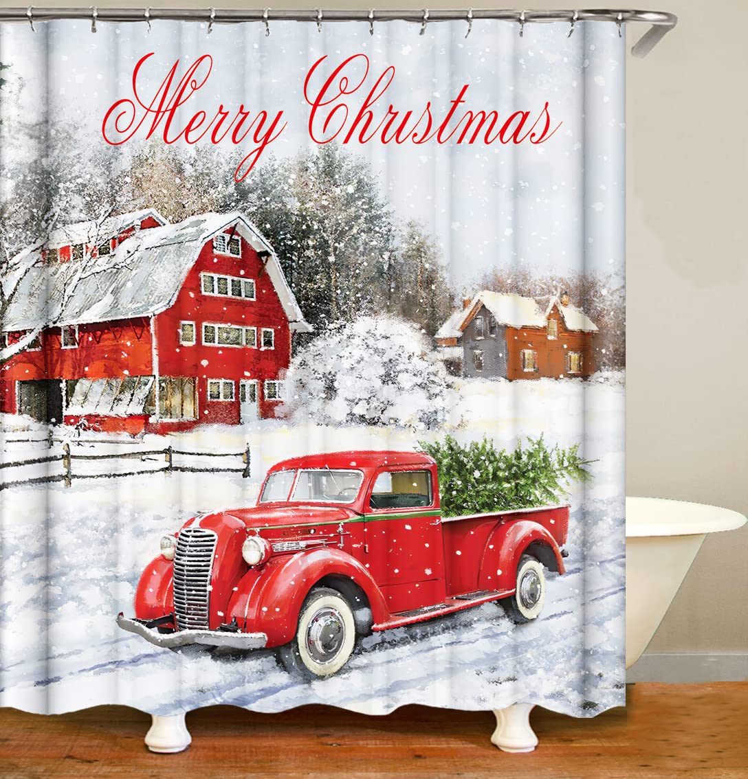 Red Truck Christmas Shower Curtain - Farmhouse Holiday Bathroom Decor with Rustic Winter Scene - Perfect for Christmas Bathroom, Guest Bath & Seasonal Home Decor
