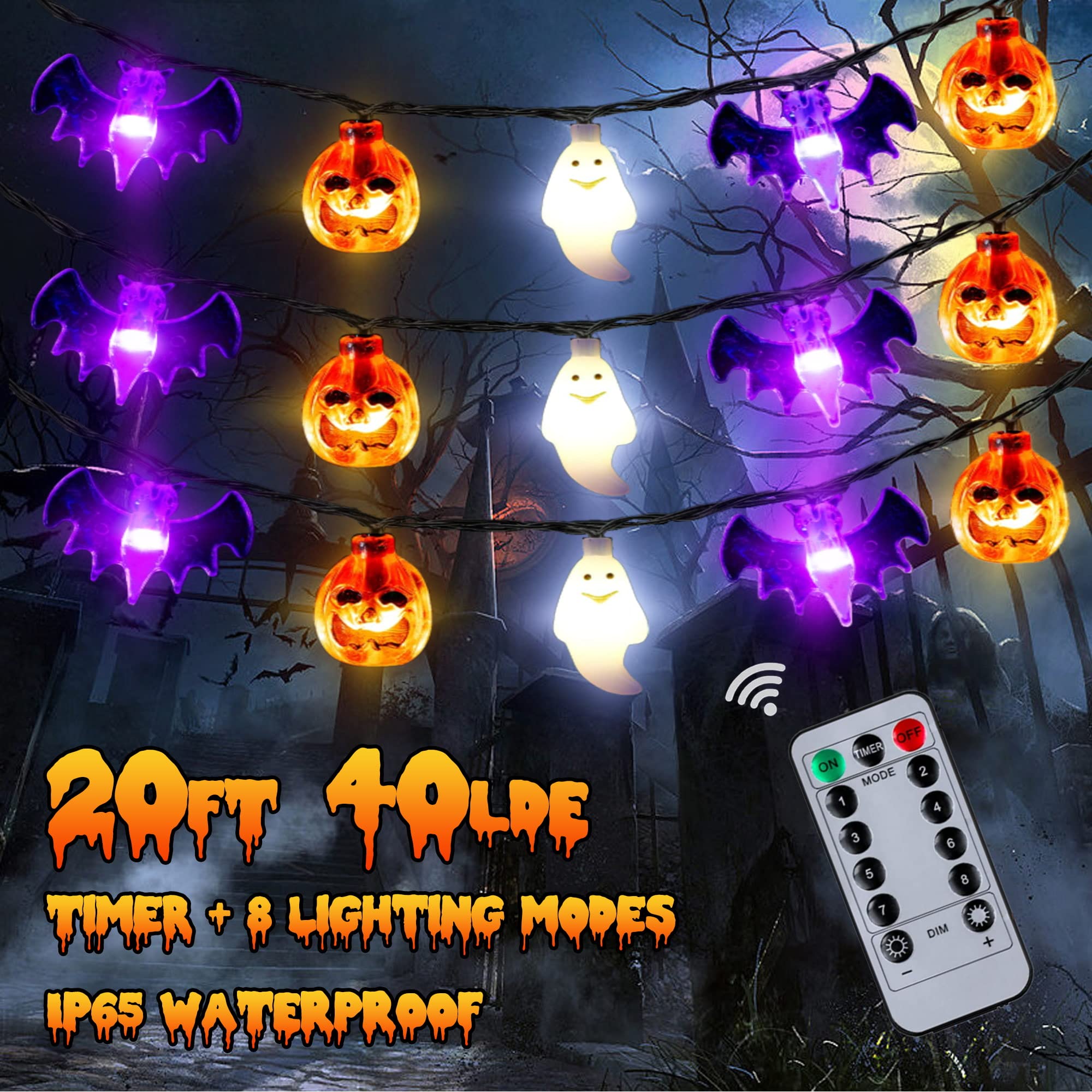 **20 FT 40 LED 3D Pumpkin Bat Ghost Halloween Lights - Battery Operated with Timer & 8 Light Modes for Indoor/Outdoor Decor - Perfect for Home, Door, Window, Porch, Walkway & Halloween Party**