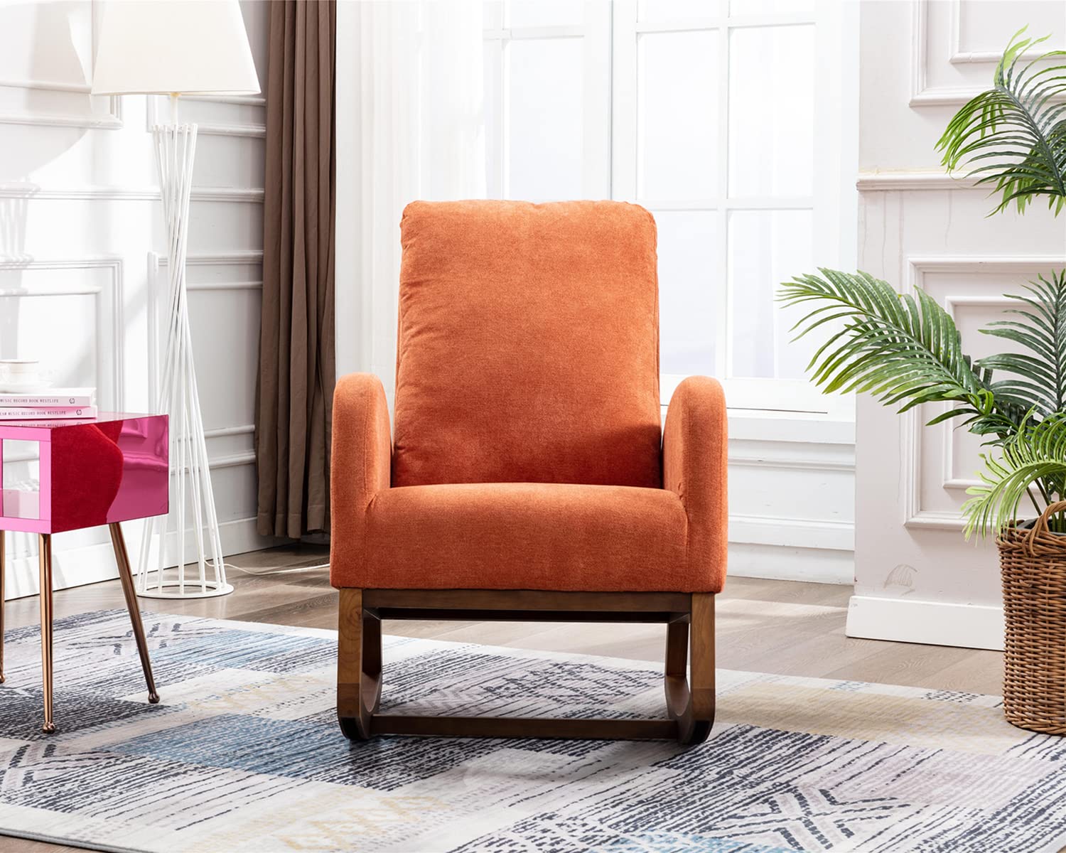 Antetek Modern Upholstered Rocking Chair - Nursery Glider Rocker for Baby & Kids, Comfortable High Back Armchair with Side Pocket - Perfect for Living Room, Nursery, or Bedroom (Orange)
