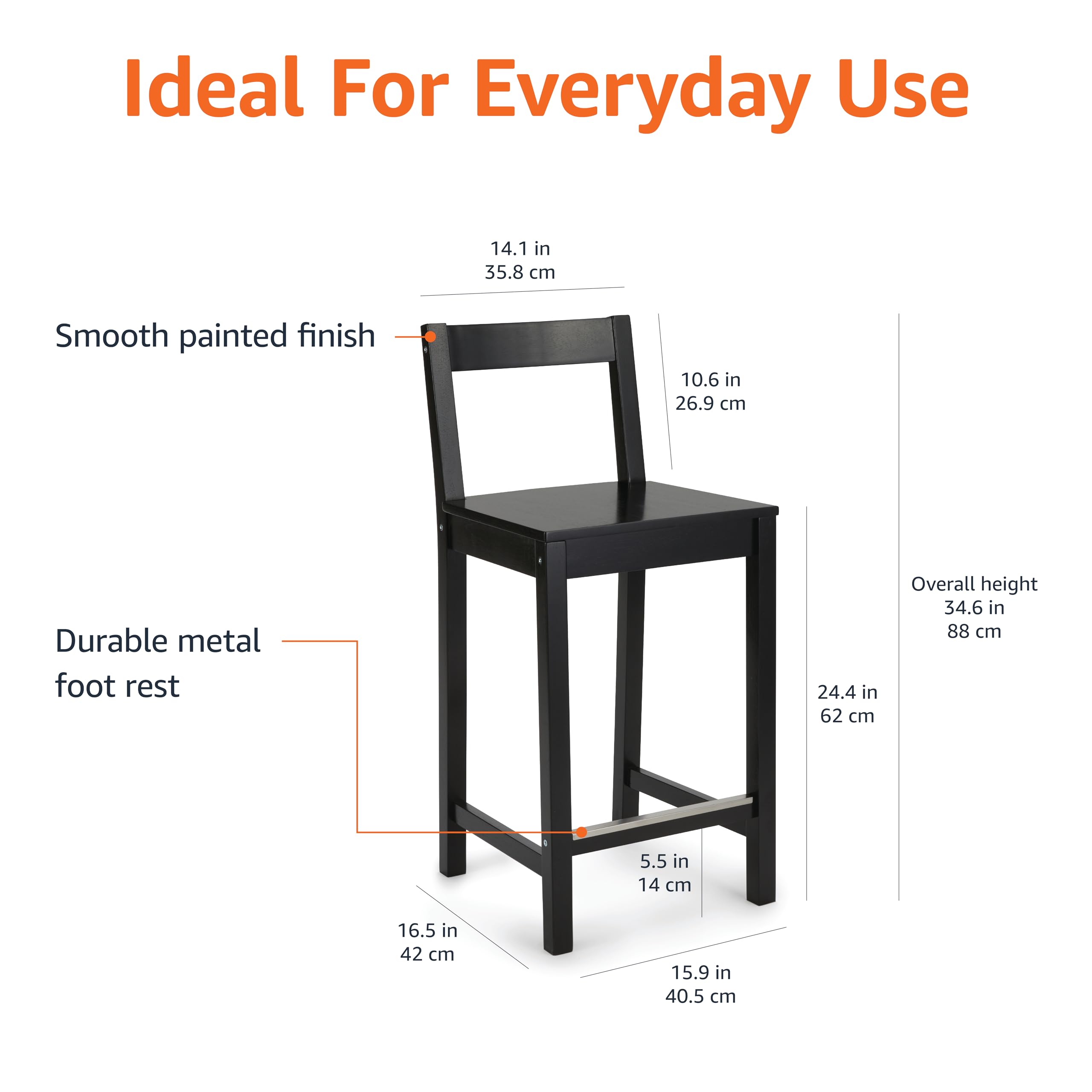 Amazon Basics Wooden Bar Stool with Backrest - Set of 2, Black - Sturdy & Comfortable Counter Height Stools for Kitchen Island, Breakfast Bar, and Home Decor