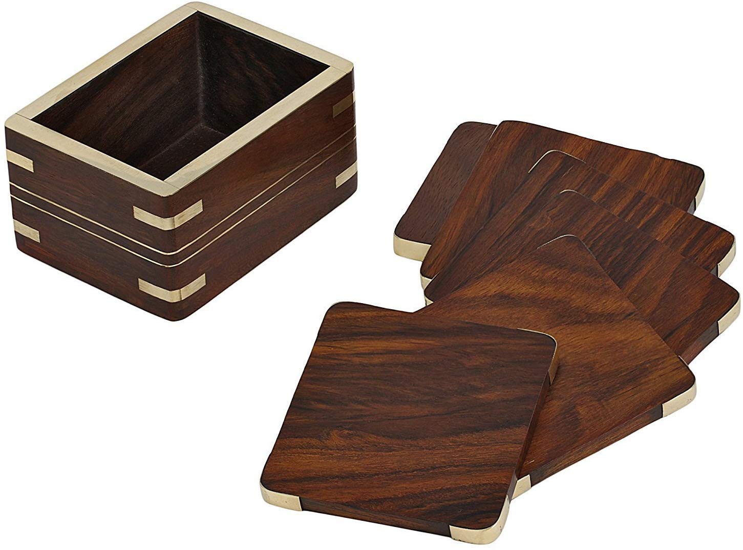 Premium Wooden Drink Coasters Set of 6 - Natural Wood Table Coasters for Coffee, Tea, Beer & Wine Glasses - Elegant Brass Trim Home Bar Accessories - Perfect for Dining Tables, Coffee Shops & Office Desks