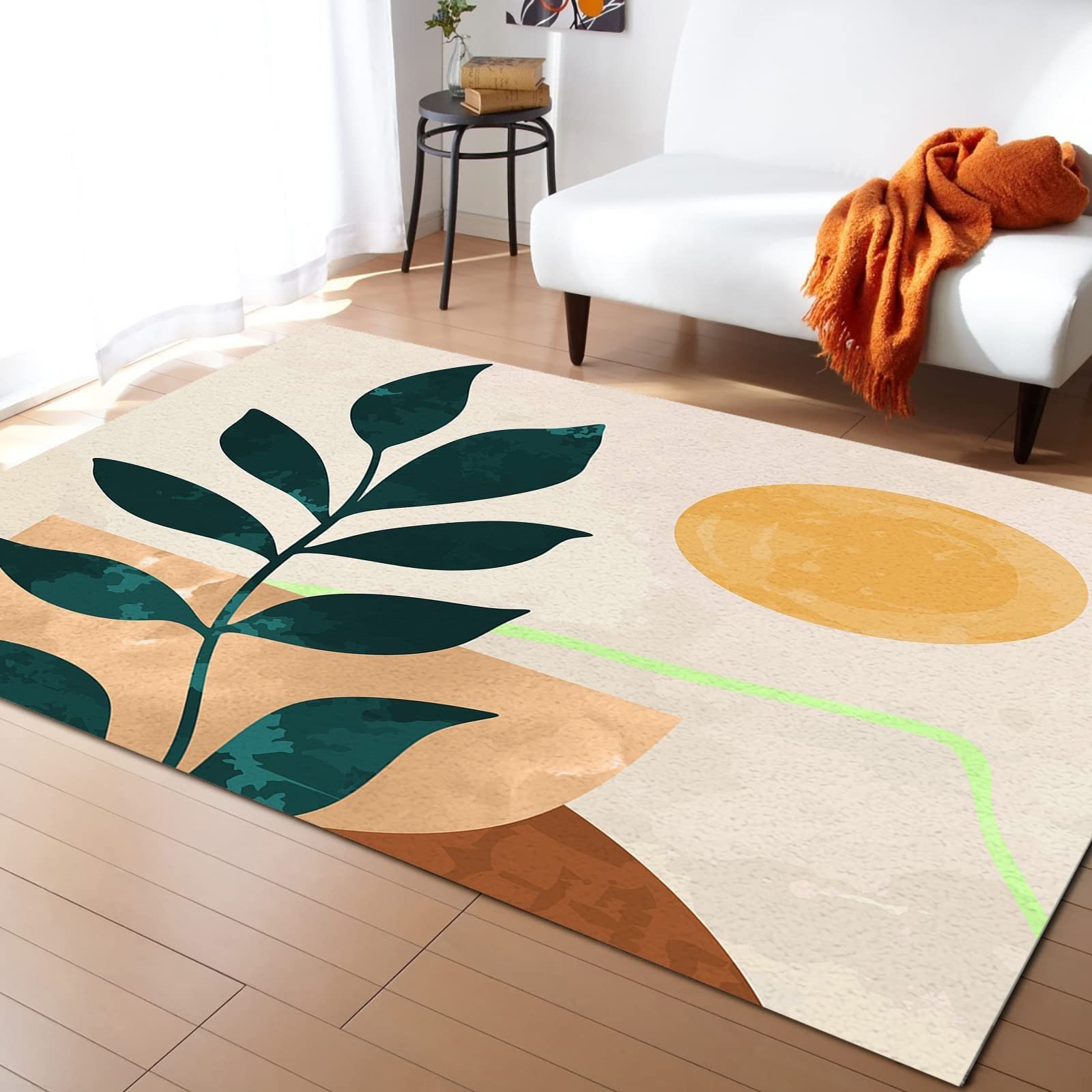Abstract Tropical Plants Area Rug - Non-Skid Soft Medieval Art Geometry Rug for Living Room, Bedroom, Dining Table - 5ft x 3.3ft Indoor/Outdoor Decorative Floor Mat - Perfect for Home Office, Boho Decor & Cozy Spaces