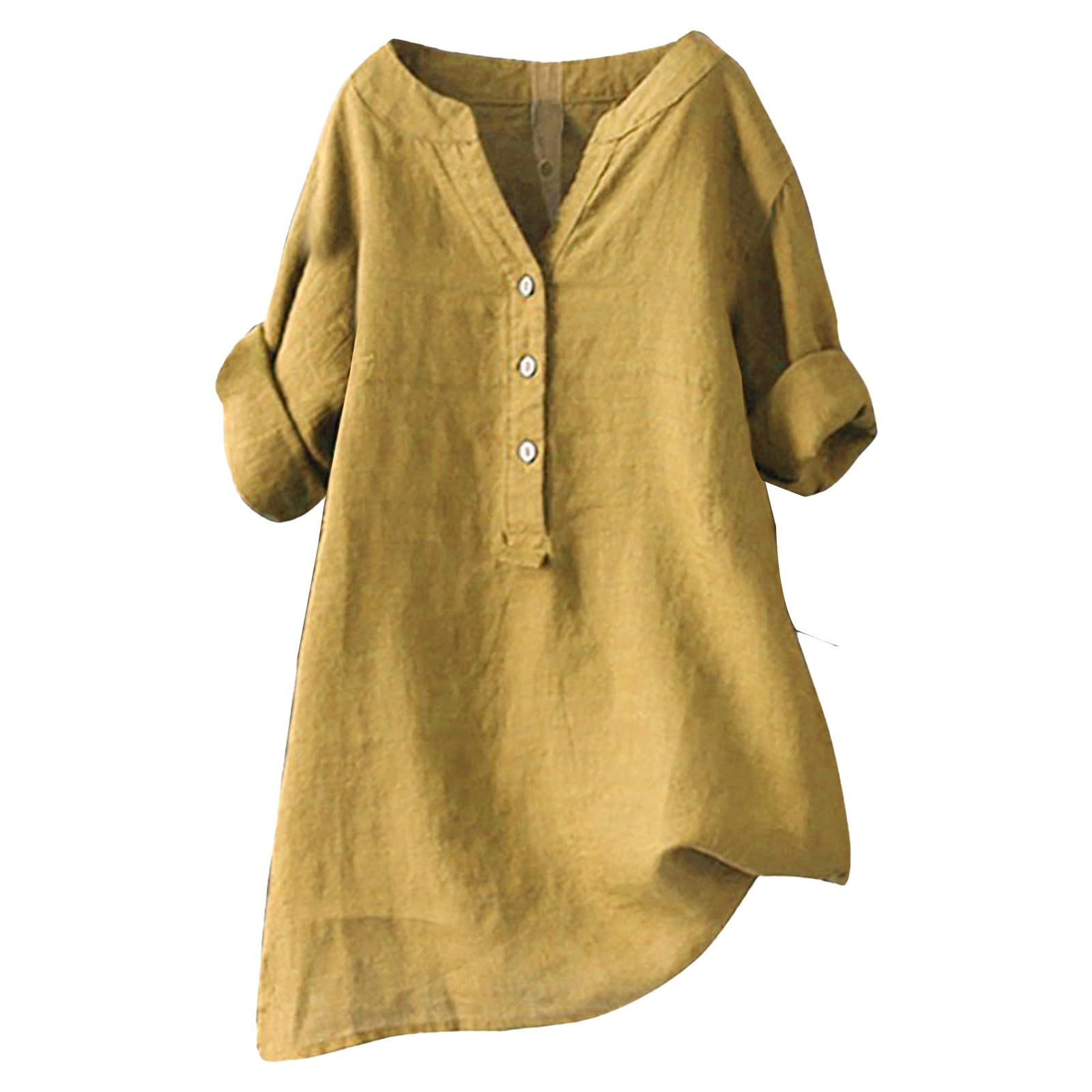 Women's Summer Tops - Linen Cotton Blend Short Sleeve Oversized T-Shirts | V-Neck Breathable Lightweight Soft Blouses for Casual Wear & Beach Outfits