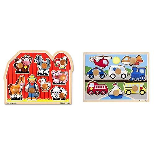 Melissa & Doug Farm Animals & Vehicles Jumbo Knob Wooden Puzzles Set - 8 Piece Educational Toddler Toys for Early Learning, Fine Motor Skills Development | Perfect for Preschool Classroom, Daycare & Home Playtime