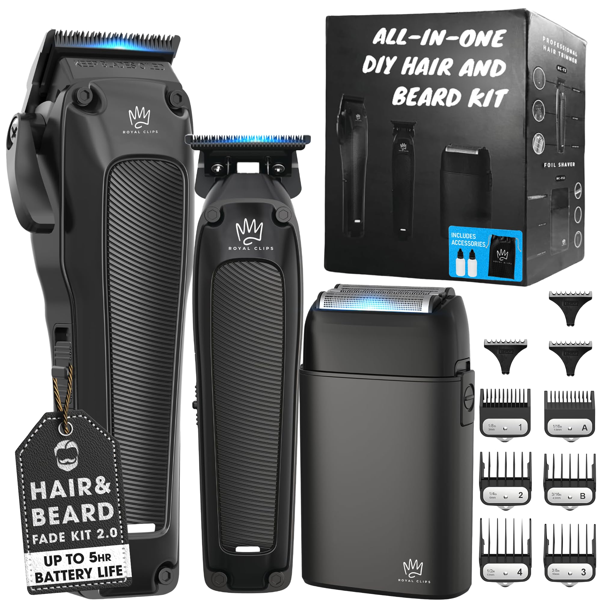 Royal Clips Hair and Beard Fade Kit 2.0 - Professional Cordless Hair Clipper, Trimmer & Foil Shaver Set for Men | Barber-Grade Haircut Kit with 5-Hour Battery & 10 Guide Combs | Perfect for Home Grooming, Salon Use & Travel (Black)