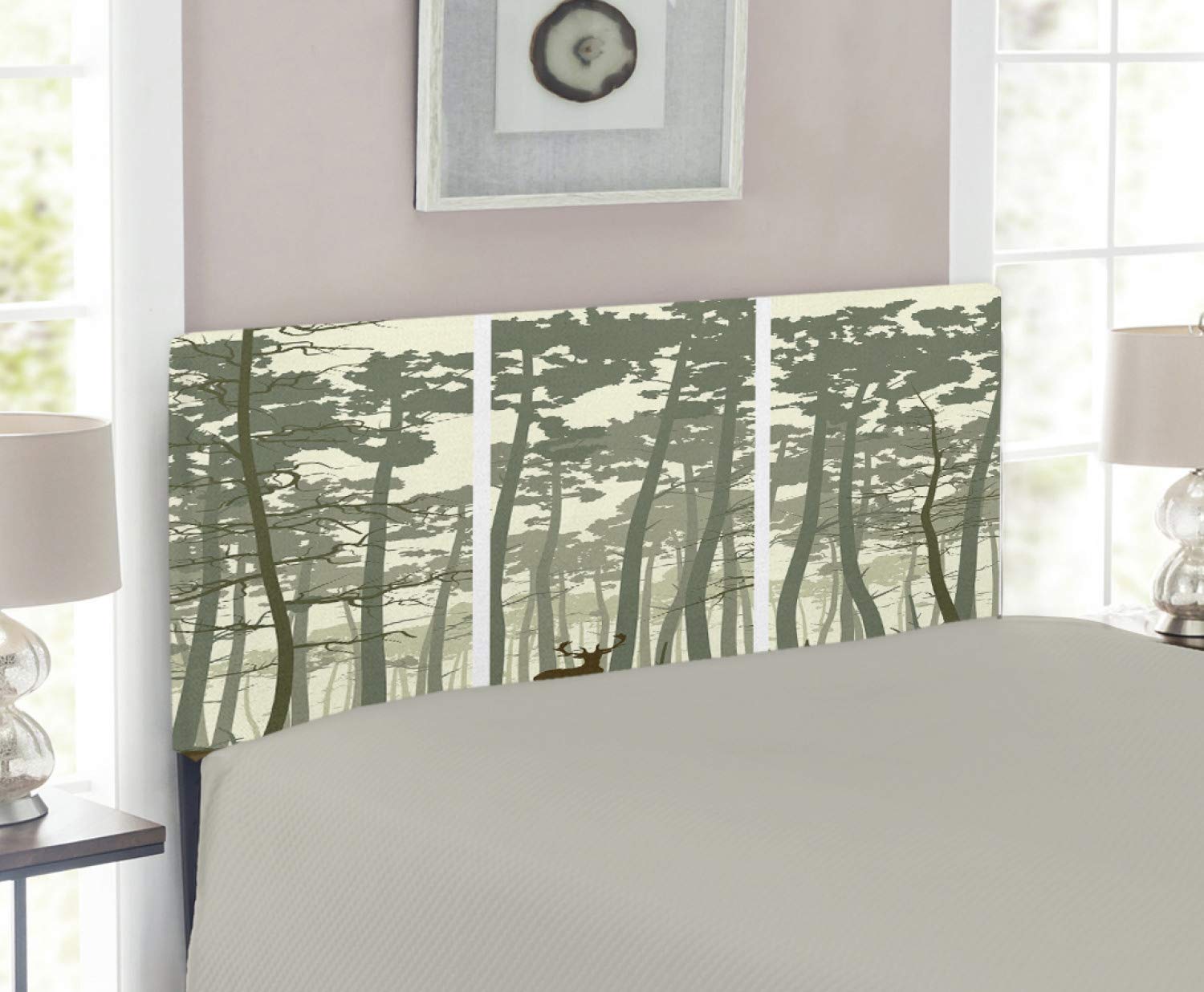 Ambesonne Forest Headboard - Vertical Stripes with Tall Trees & Deer Nature Design, Upholstered Metal Bed Frame with Memory Foam, Twin Size, Sage Green Cream Brown - Perfect for Bedroom Decor & Nature-Themed Interiors