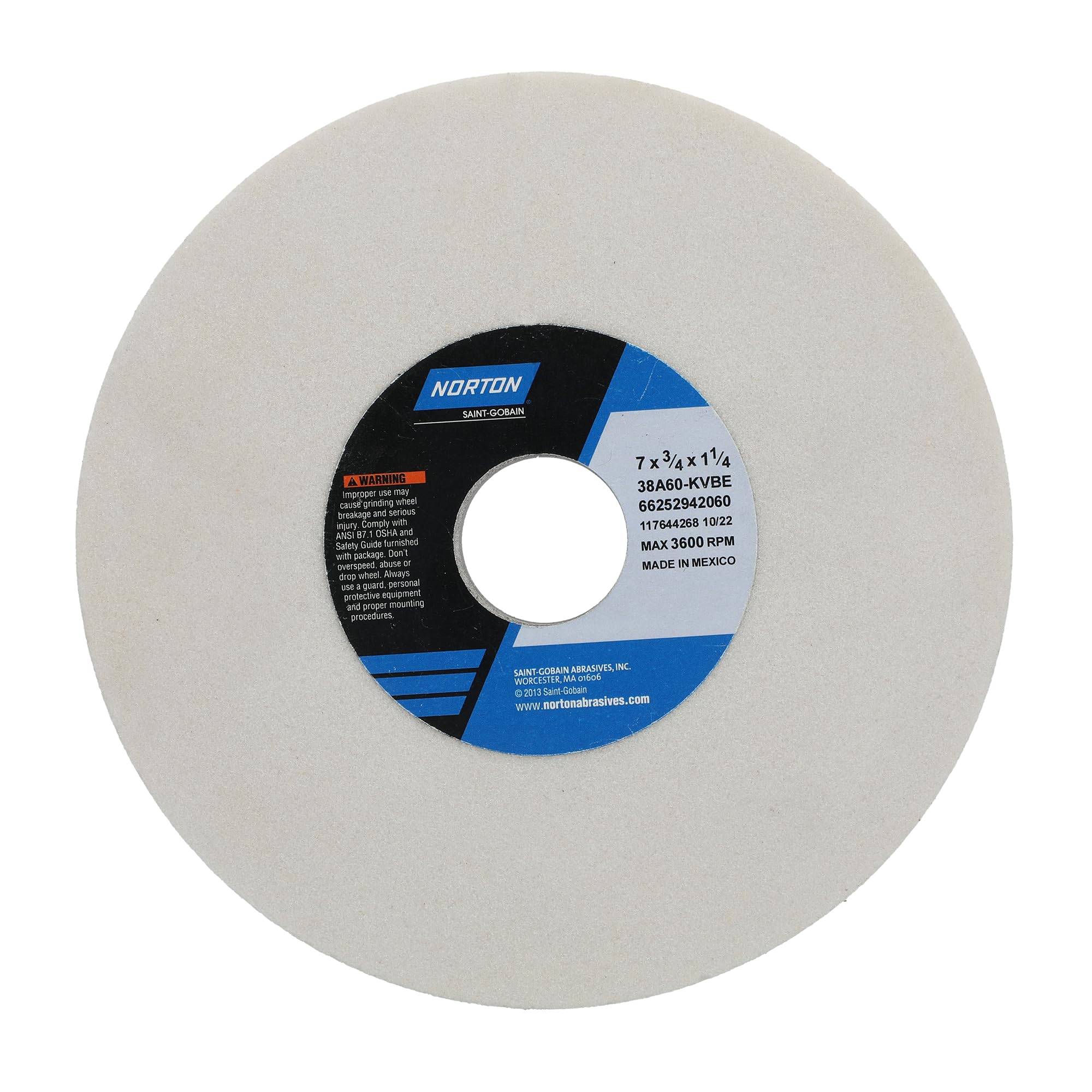 Norton 7x3/4x1 1/4 38A60KVBE Aluminum Oxide Grinding Wheel - Premium Abrasive Tool for Metalworking, Sharpening & Surface Grinding in Workshops and Factories