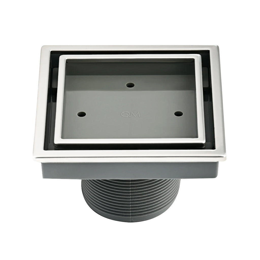 Stainless Steel Square Shower Drain - 4 Inch Polished Floor Mount Tile-In Center Drain for Bathroom & Shower Renovation | Perfect for Modern Bathroom Designs and Wet Room Installations