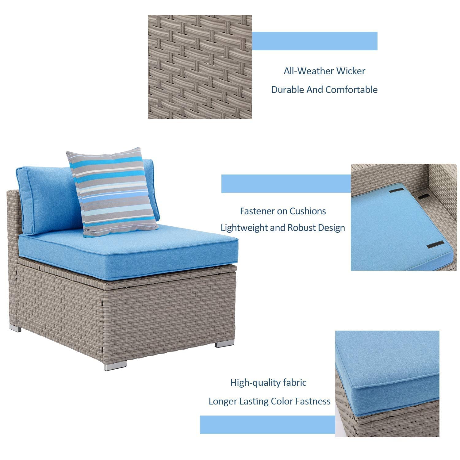 Sunbury Outdoor Patio Sectional Sofa Chair - Blue Wicker Armless Seat with Psychedelic Pillow - Elegant Garden & Backyard Furniture for Porch, Poolside & Outdoor Relaxation