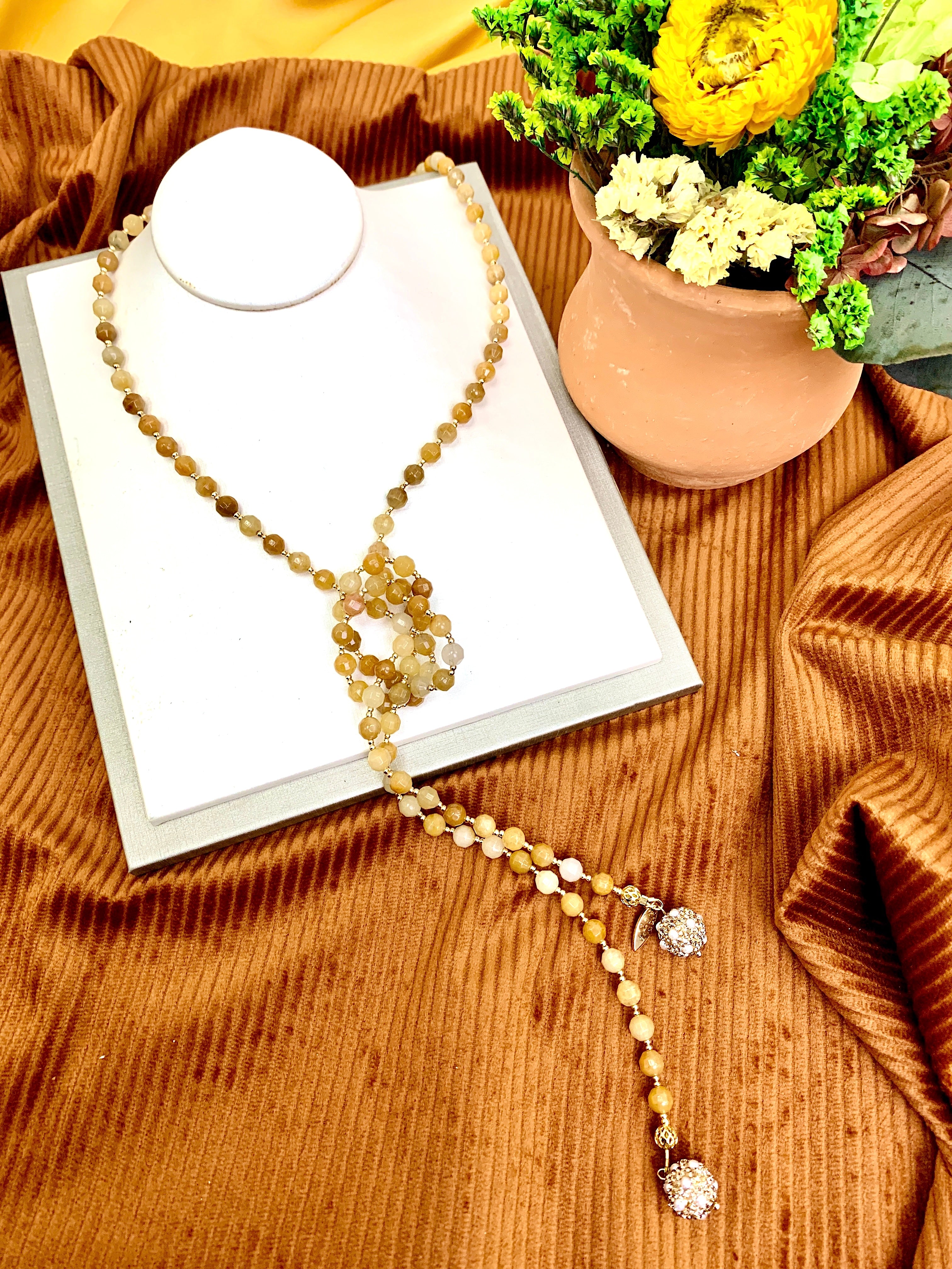 Elegant Yellow Jade & Rhinestone Open-Ended Necklace HN019 - Perfect for Weddings, Parties & Special Occasions