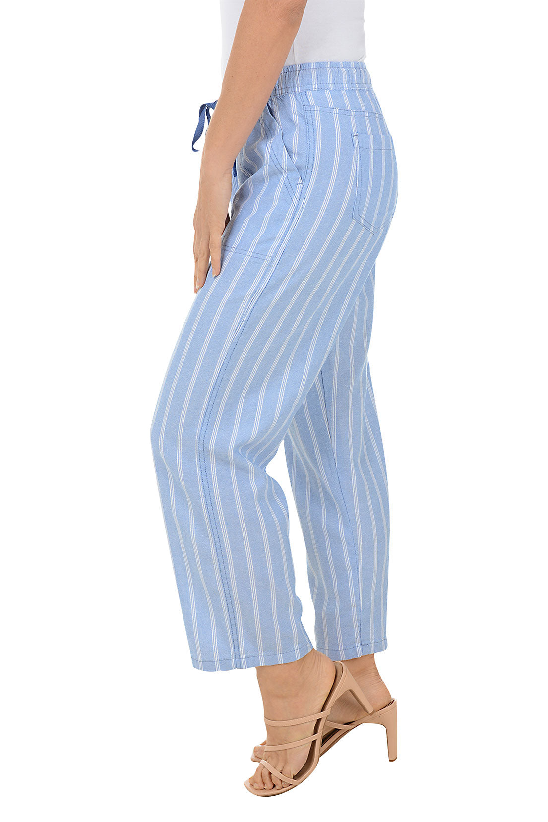 Stylish Chambray Triple Striped Linen Blend Pants for Women - Comfortable & Breathable Casual Trousers - Perfect for Office, Travel & Summer Outfits