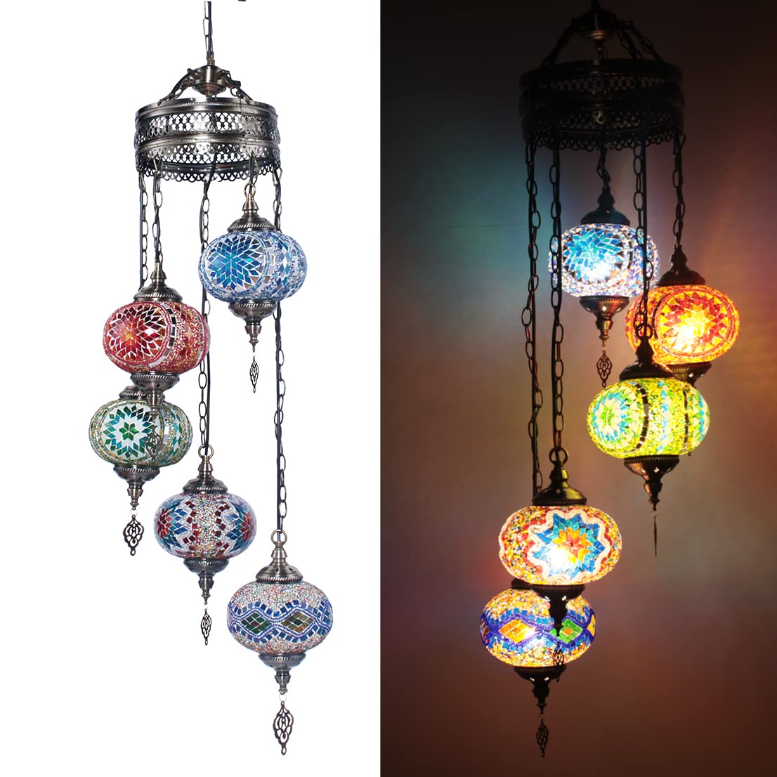 iMeshbean Handmade Turkish Mosaic Lamp Chandelier - 5 Globe Moroccan Hanging Light Fixture with Hardwired Installation for Living Room, Bedroom, or Dining Room Decor | Exotic Oriental Home Lighting for Boho & Ethnic Interiors