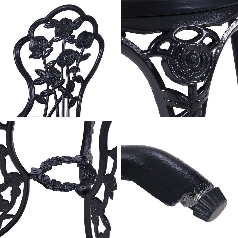 3-Piece Outdoor Bistro Set with Cast Aluminum Table and Chairs in Rose Black - Perfect for Patio, Garden, and Backyard Dining