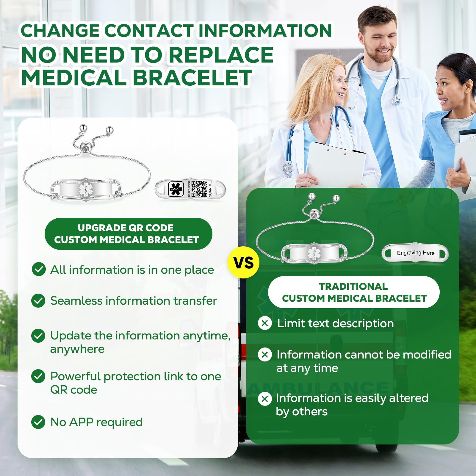 Upgraded QR Code Medical ID Bracelet for Women - Adjustable 7-9 Inch Sterling Silver Chain Link with Large Emergency Info Space - Perfect for Allergies, Diabetes & Emergency Medical Situations