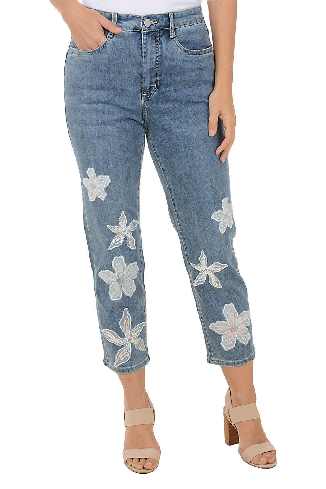 Floral Applique Denim Crop Pants for Women - High Waisted Distressed Jeans with Embroidered Flowers, Perfect for Spring & Summer Outfits