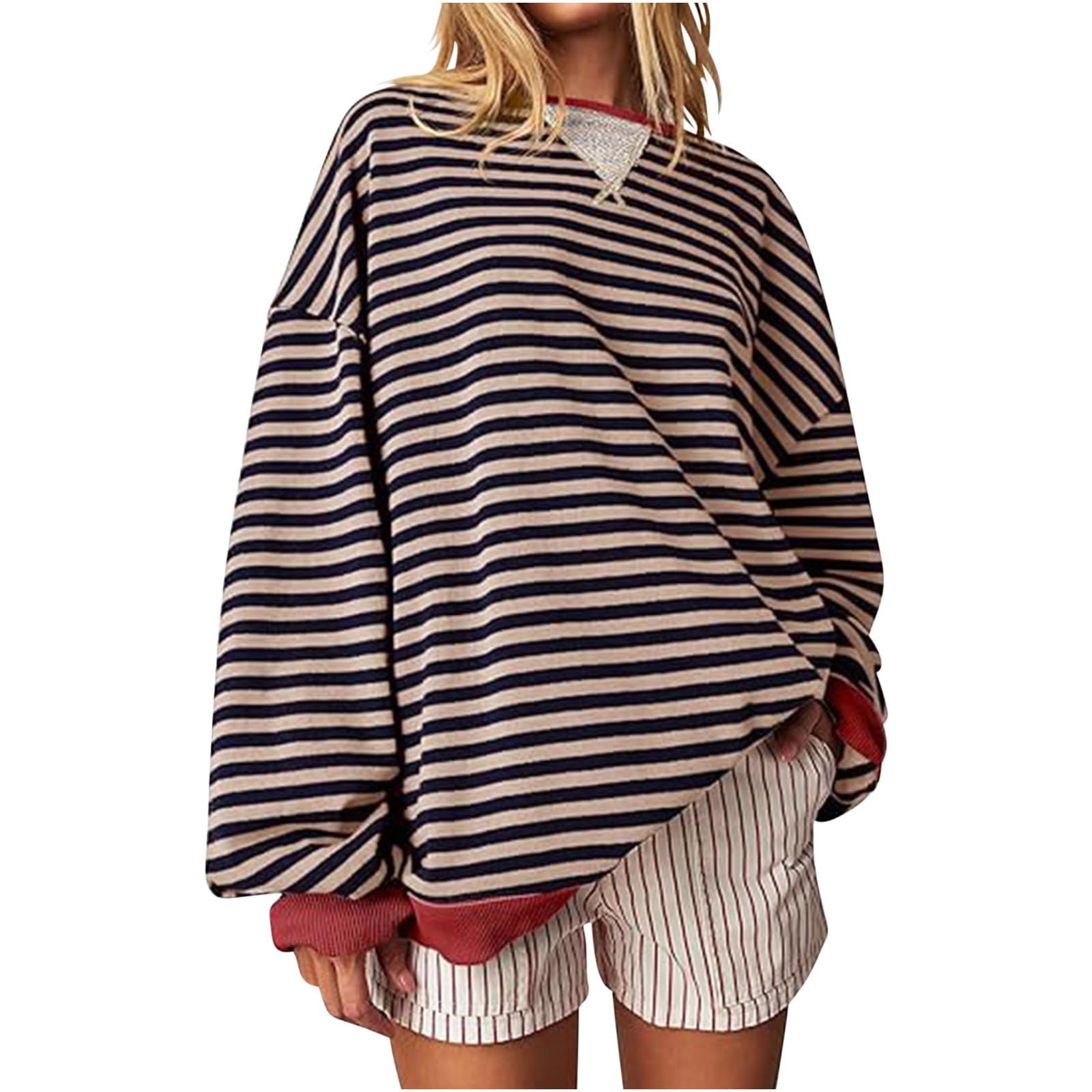 MRGIINRI Women's Striped Oversized Sweatshirt - Color Block Crew Neck Long Sleeve Casual Loose Pullover Top | Y2K Fashion | Perfect for Streetwear, Lounge Wear & Casual Outings