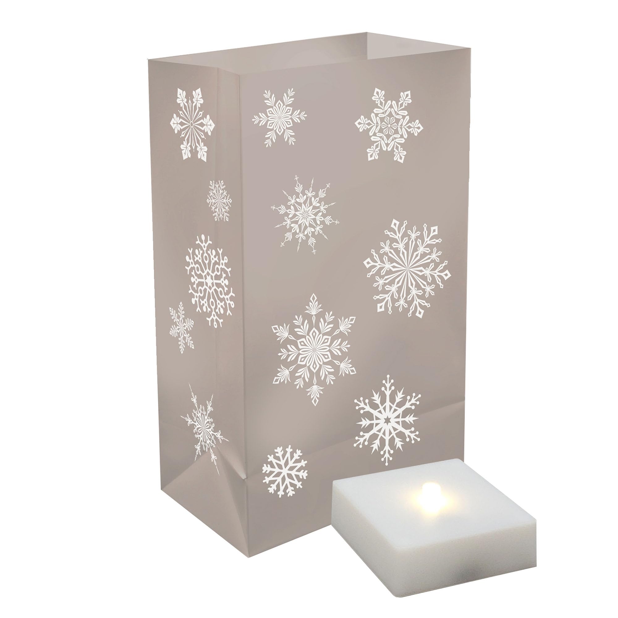 LumaBase Battery Operated Luminaria Kit with Timer - Silver Snowflake Design - Set of 6 Outdoor Christmas Decorations for Pathway, Garden, and Holiday Lighting