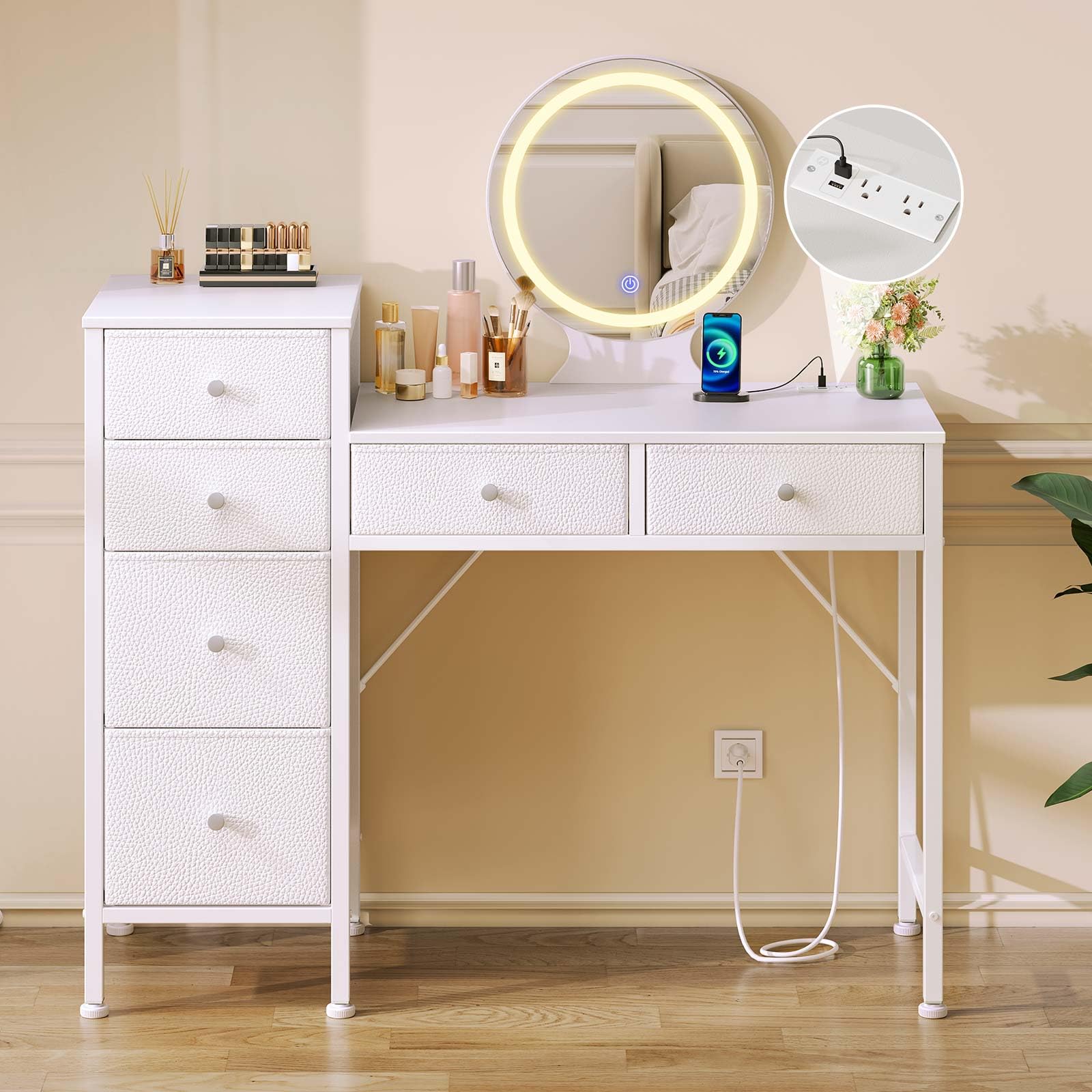 GREENSTELL White Vanity Desk with Mirror & LED Lights - Makeup Dressing Table with Charging Station, 6 Storage Drawers, 3 Color Modes & Dimmable Function - 37.6 Inch Modern Bedroom Furniture for Women & Teens (Perfect for Makeup, Skincare & Jewelry Organization)