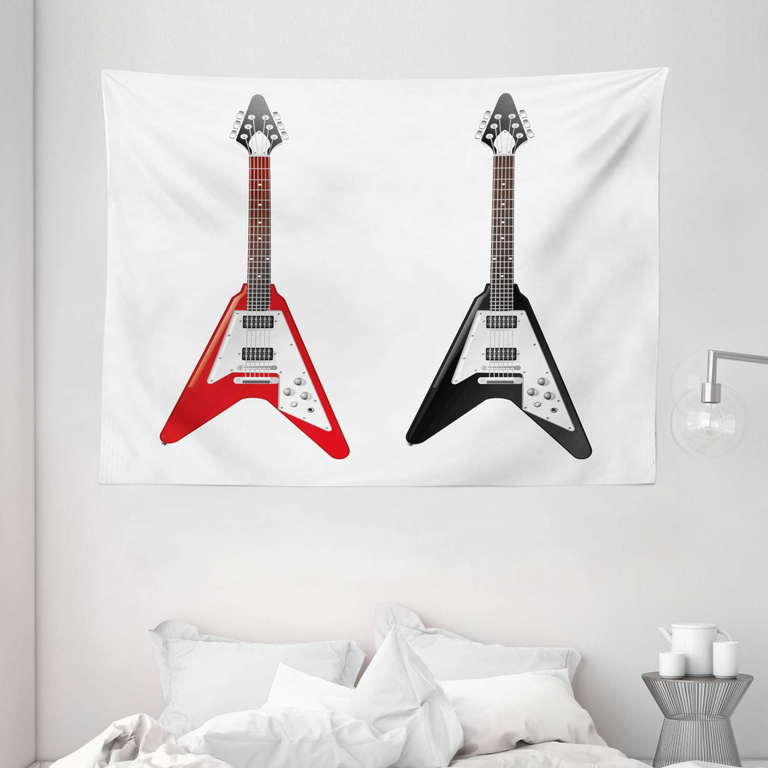 Ambesonne Guitar Tapestry Wall Art - Vintage Rock & Roll Musical Instrument V-Shaped Design - 80