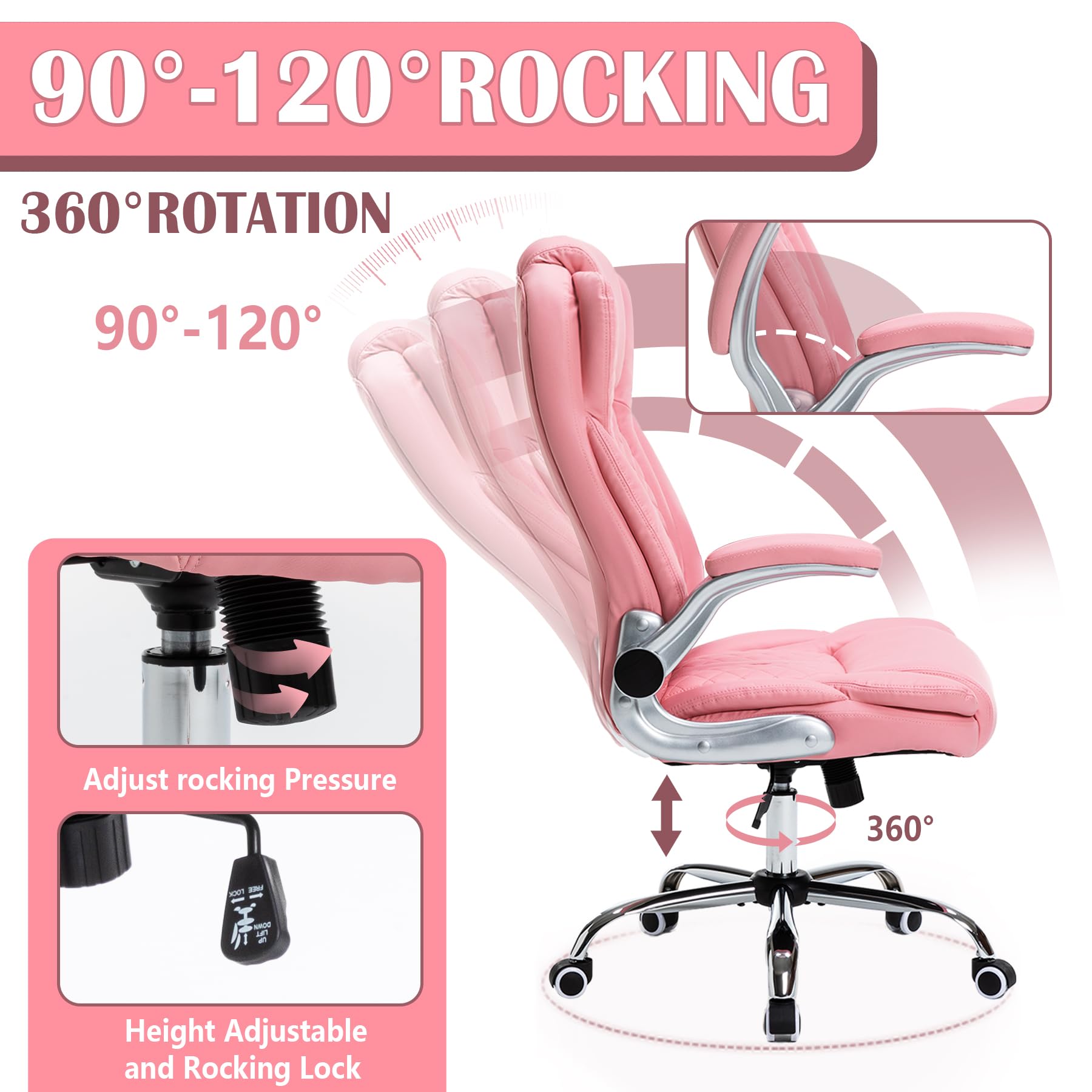 400lbs Heavy Duty Executive Office Chair with Flip-Up Armrests - Big and Tall Ergonomic Computer Chair for Heavy People - Breathable PU Leather Desk Chair in Pink - Perfect for Home Office, Gaming & Workspace Comfort