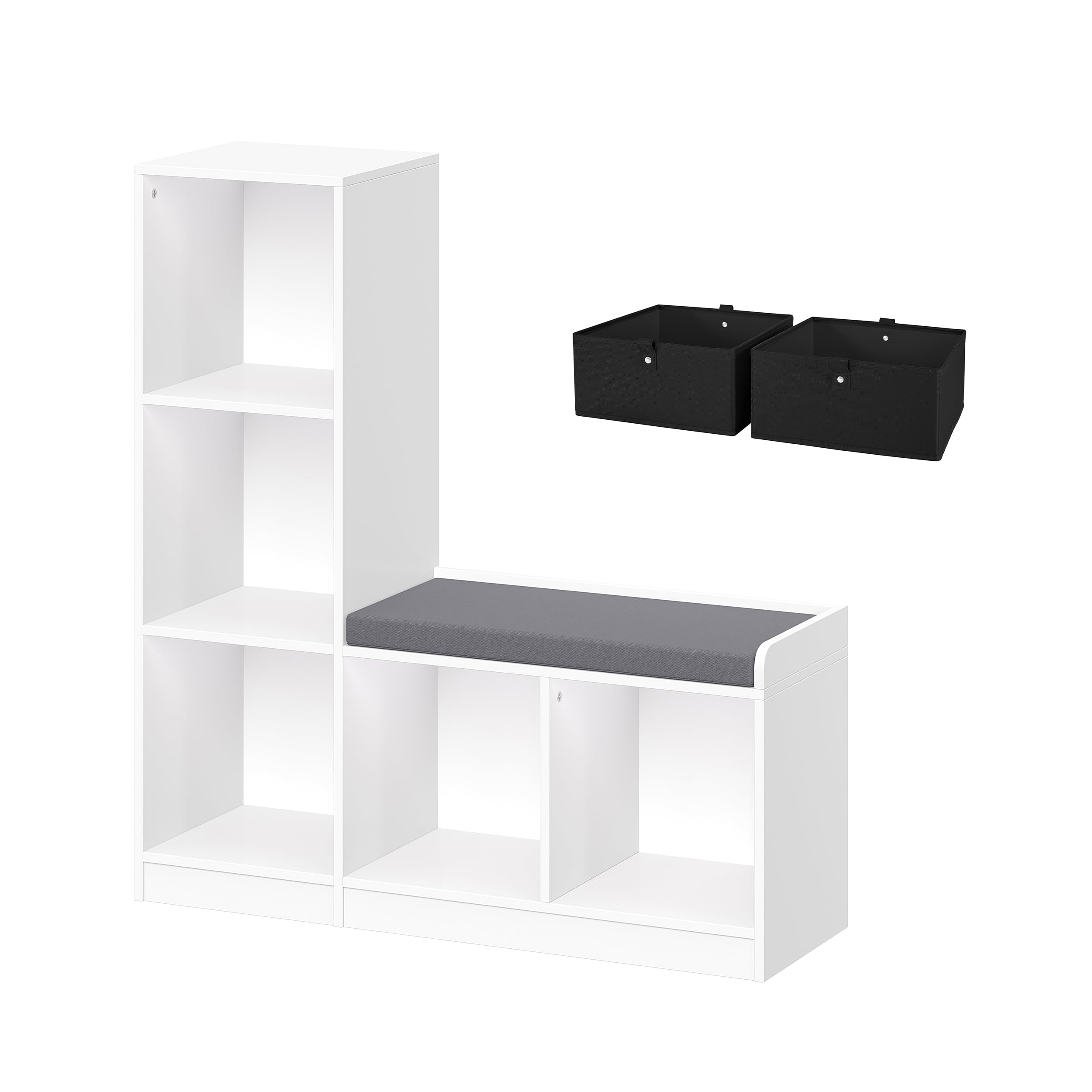 RiverRidge Kids Toy Storage Organizer Bench - 5-Cubby Design with 2 Black Fabric Bins & Cushioned Seat | Perfect for Playroom, Bedroom & Book Nook Organization | Durable Toy Storage Solution for Kids' Rooms