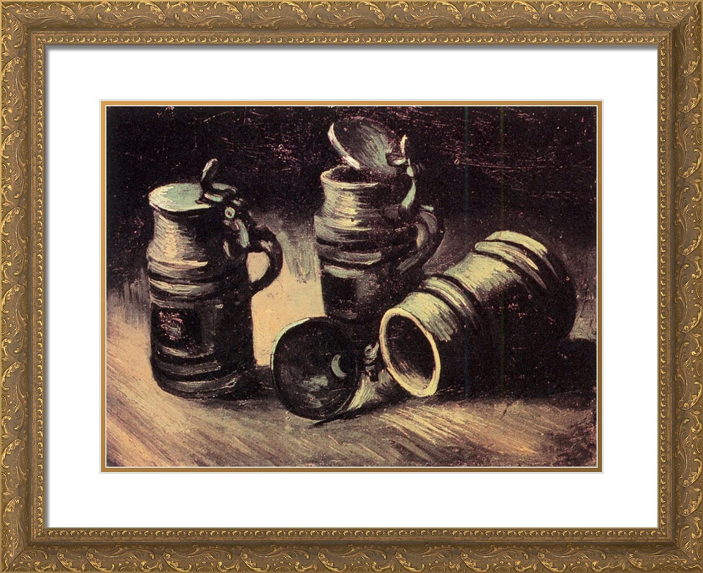 Van Gogh Beer Tankards 24x20 Gold Ornate Framed Art Print with Double Matting - Premium Wall Decor for Living Room, Office & Dining Area