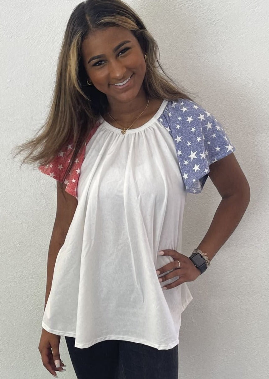 Color Block Star Flared Sleeves Baby Doll Top - Women's Fashion Trendy Blouse for Casual Wear & Night Out