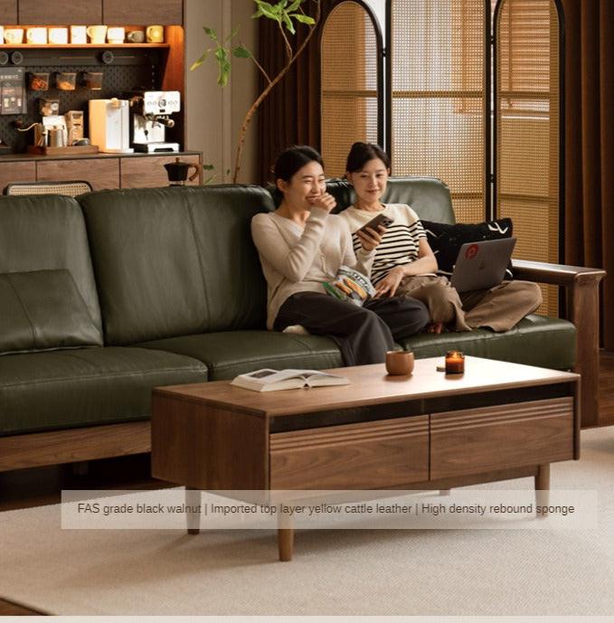Black Walnut Solid Wood Modern Straight Sofa - Contemporary Minimalist Living Room Furniture for Small Spaces & Apartments
