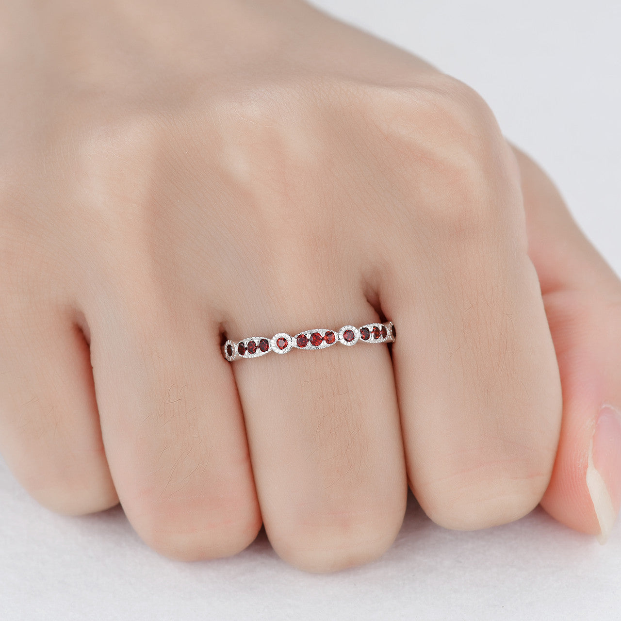 White Gold Garnet Wedding Band - Half Eternity Stackable Ring for Women | Perfect for Bridal Sets, Anniversary Gifts & Everyday Elegant Jewelry