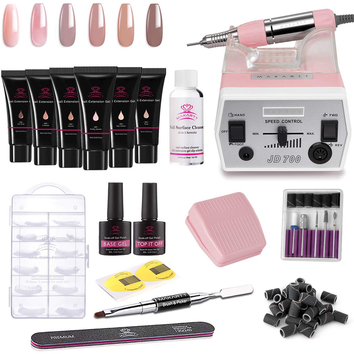 Makartt Poly Nail Extension Gel Kit - 15ML Nude & Pink Natural Colors with Professional JD700 Nail Drill Machine - Perfect for Salon, Home Manicures & Nail Art Designs