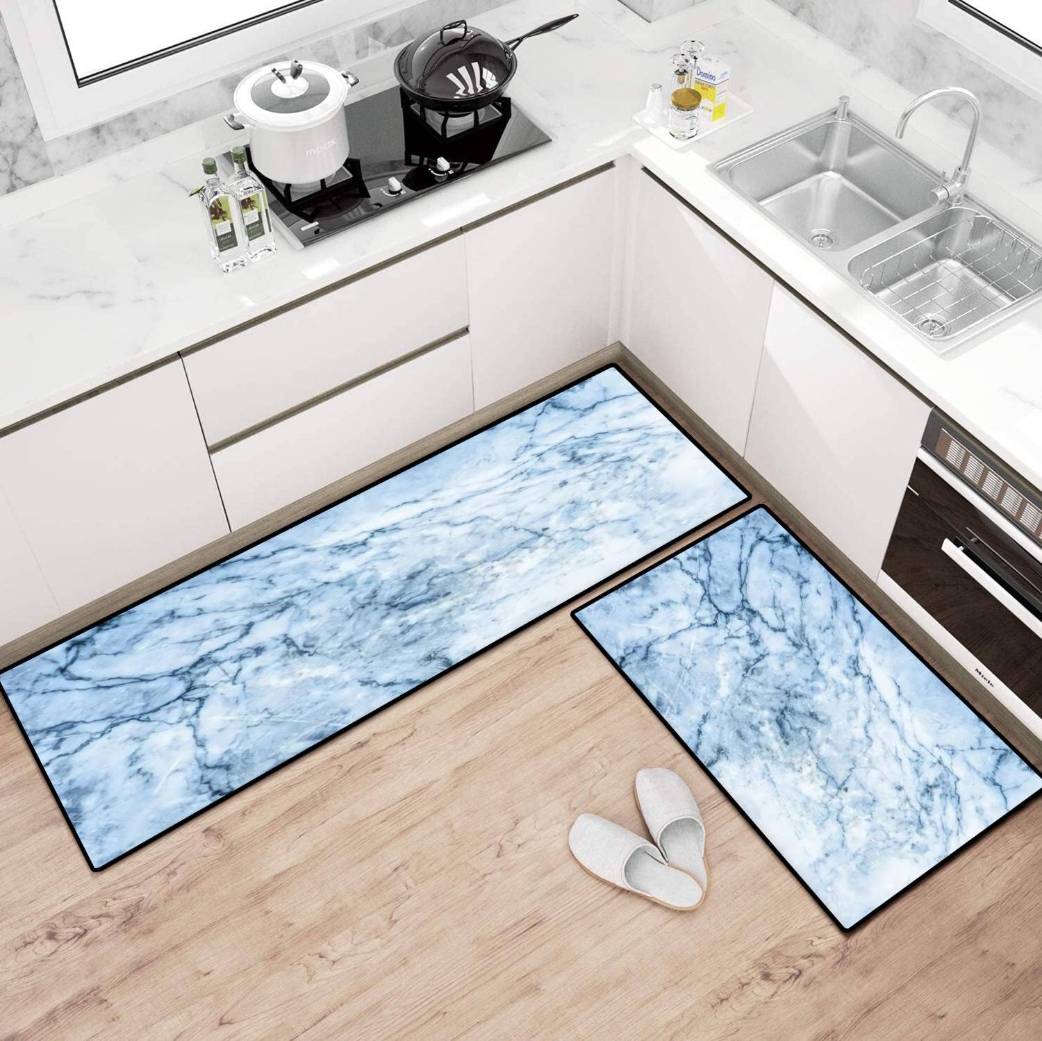 Non-Slip Washable Blue Marble Kitchen Rugs Set - Anti-Fatigue Floor Mats for Cooking & Standing Comfort - Waterproof Bath Rug & Runner for Home Decor (Set of 3) - Perfect for Kitchens, Bathrooms & Entryways