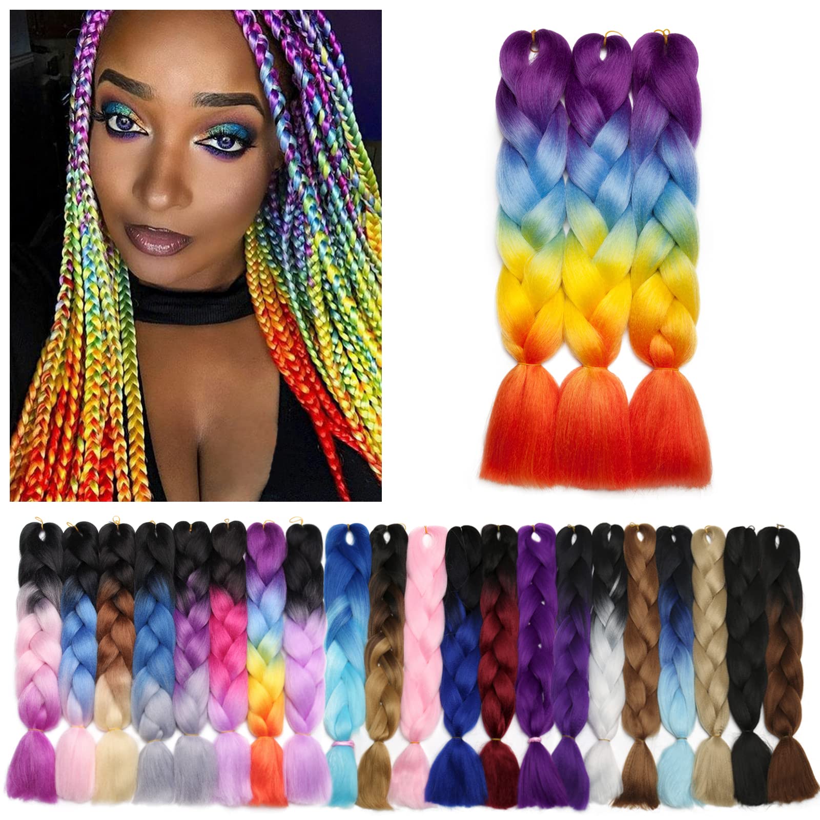 Benehair Rainbow Braiding Hair 3 Bundles - 24inch Jumbo Synthetic Hair Extensions for Women | Pre-Stretched Ombre Braiding Hair in Purple, Blue, Yellow & Orange | Perfect for Protective Styles, Cosplay & Festival Looks