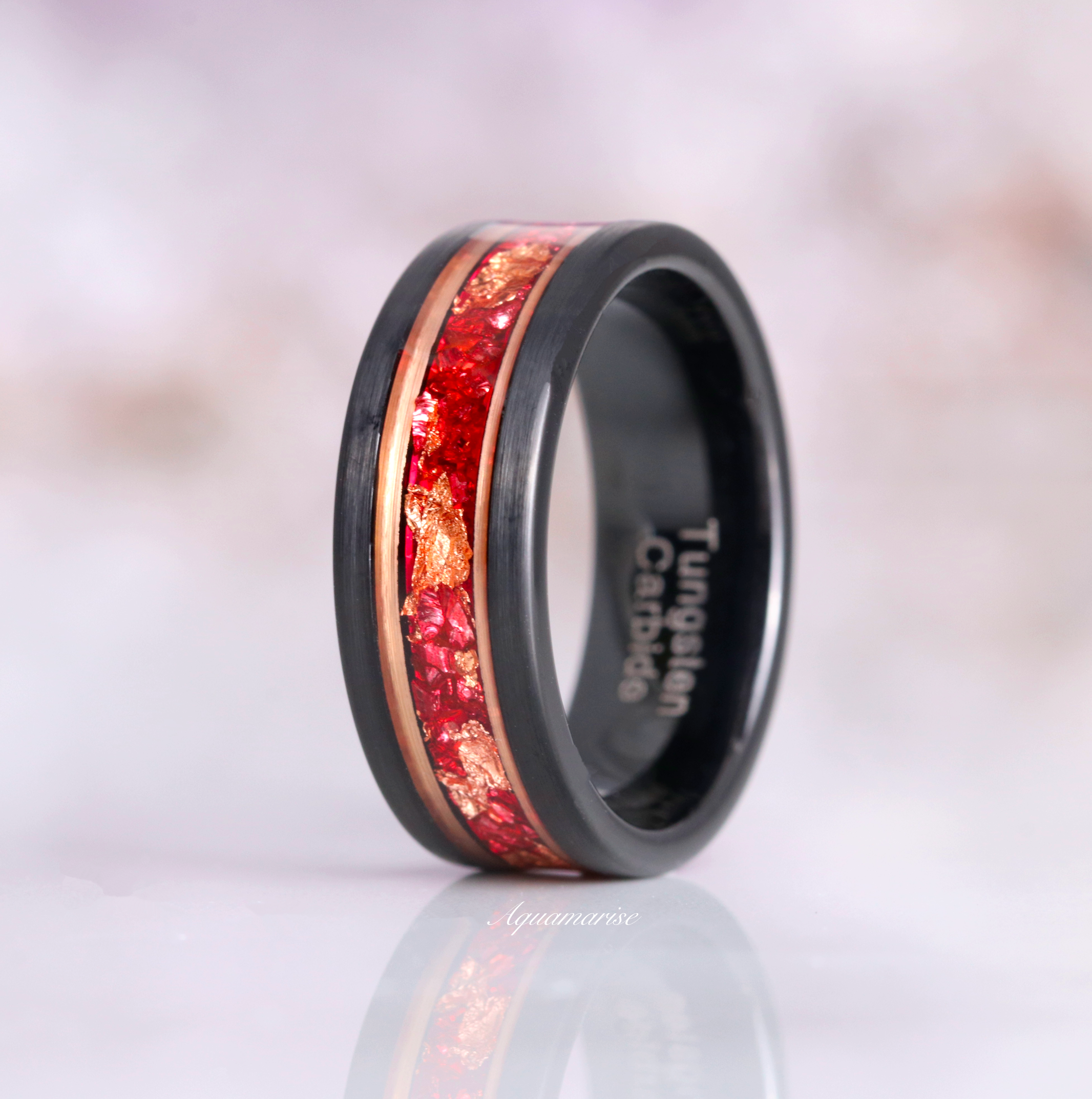 Rose Gold Leaf & Ruby Wedding Band - 8MM Black Tungsten Ring for Women - Elegant Bridal Jewelry for Engagement, Anniversary & Special Occasions