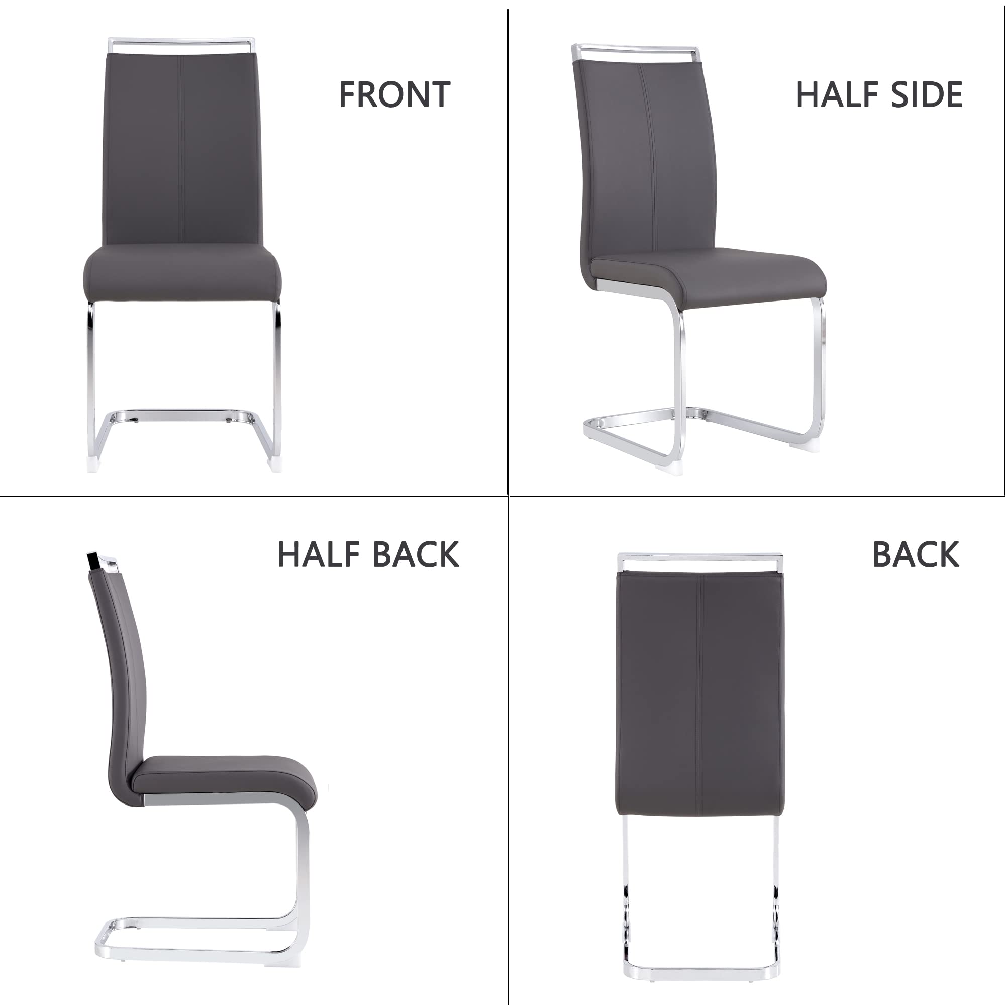 Modern Metal Dining Chairs Set of 4 - High Back Faux Leather Padded Kitchen Chairs with Sturdy Chrome Legs for Dining Room (Grey) - Perfect for Home, Restaurant & Office Use
