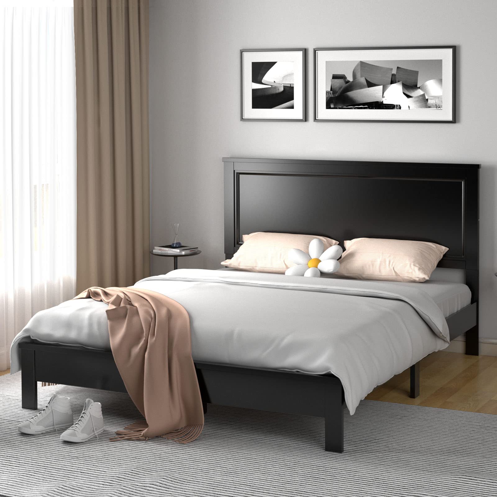 KOMFOTT Queen Size Wood Platform Bed Frame with Headboard - Solid Wood Mid Century Modern Bed Frame with Slat Support & Under Bed Storage - No Box Spring Needed - Mattress Foundation Bed Base in Black - Perfect for Small Bedrooms & Guest Rooms