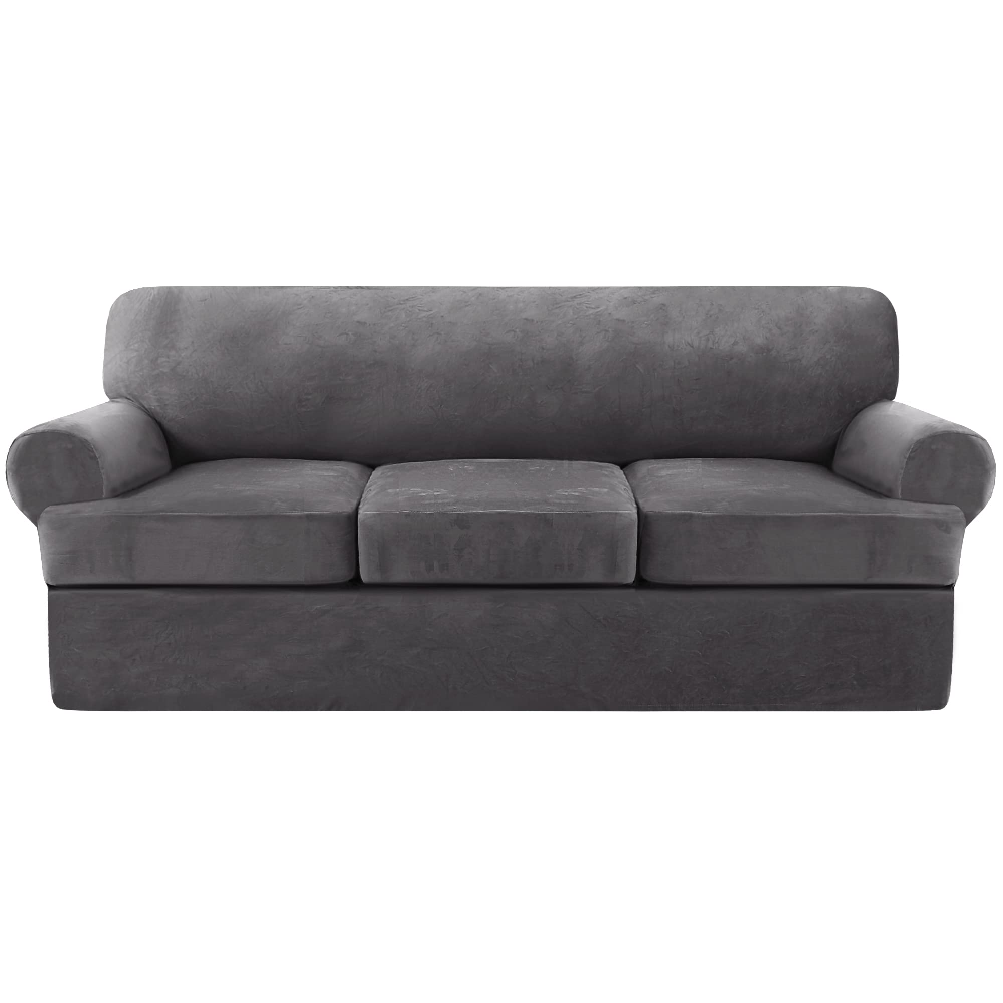 Velvet T-Cushion Sofa Slipcover Set - 4-Piece Soft Couch Cover with 3 Individual T-Shaped Seat Covers - Furniture Protector for Living Room (Grey) - Perfect for Sectional Sofas, Home Decor & Pet Protection