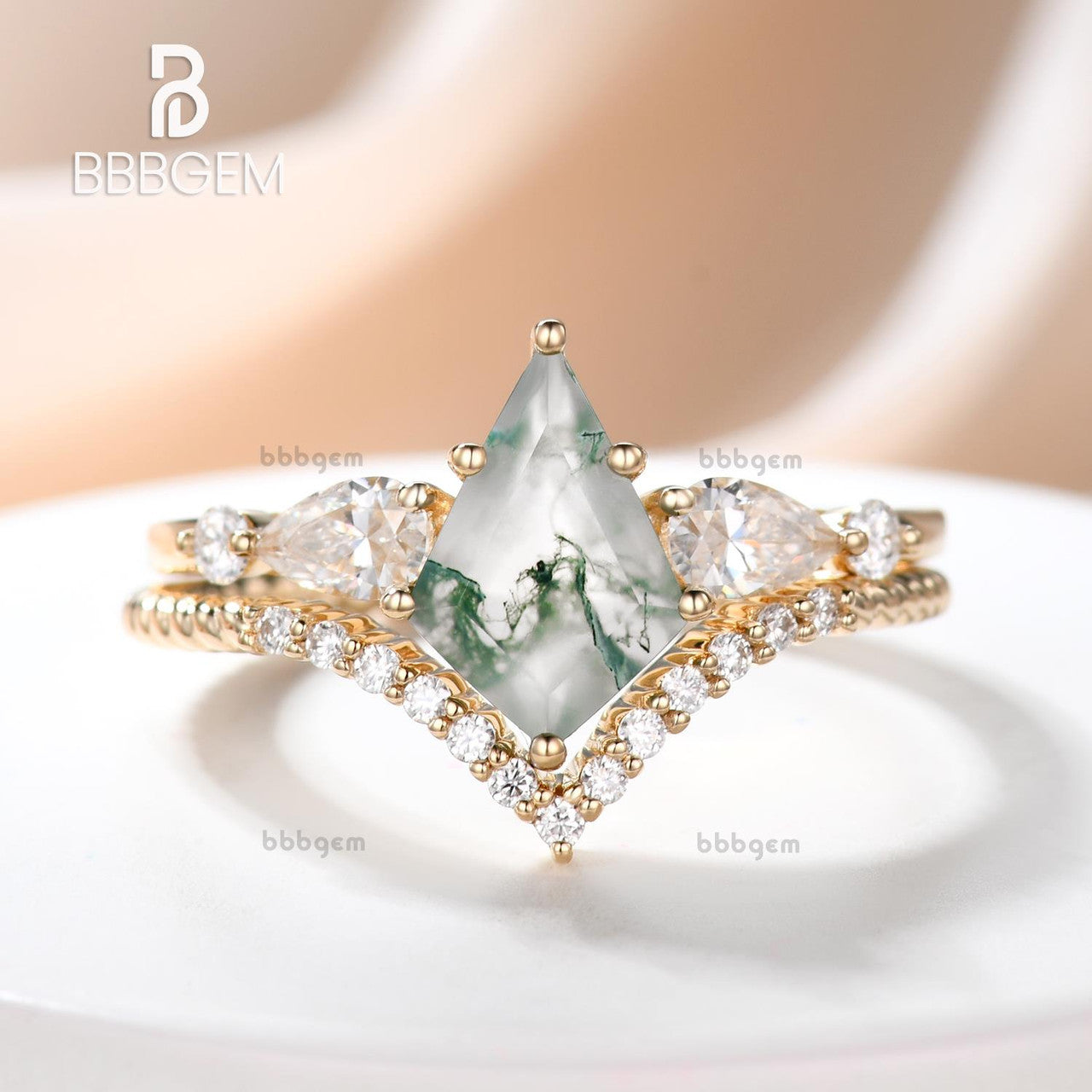Women's Geometric Green Moss Agate Ring Set - Kite Lozenge White Gold Plated Jewelry for Wedding, Anniversary & Special Occasions