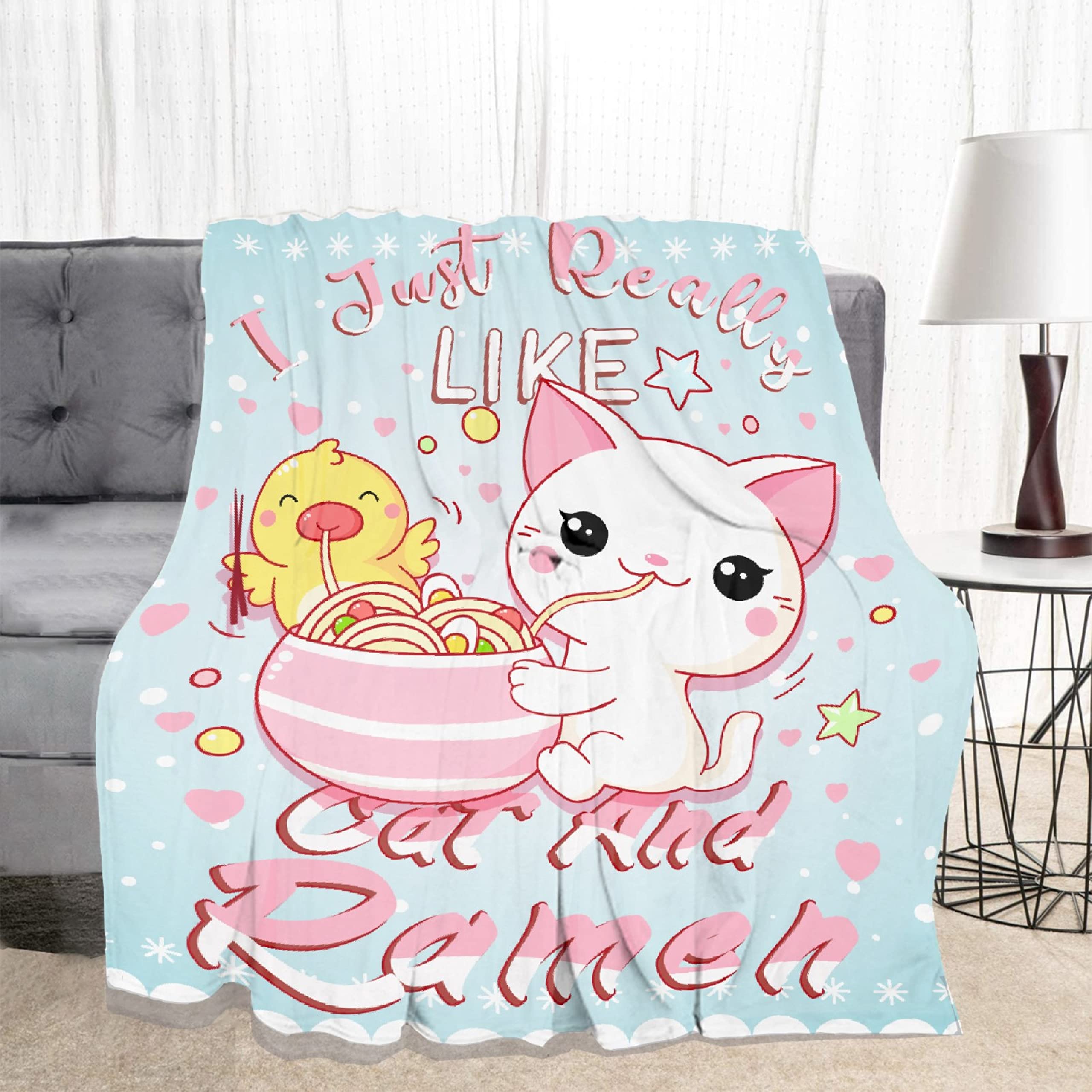 Soft Flannel Cat & Ramen Throw Blanket - 120x90 Inch XL Cozy Lightweight Quilt for Sofa, Bed, Couch - Warm Decorative Blanket Gift for Women, Men, Family - Perfect for Lounging, Movie Nights & Winter Snuggles