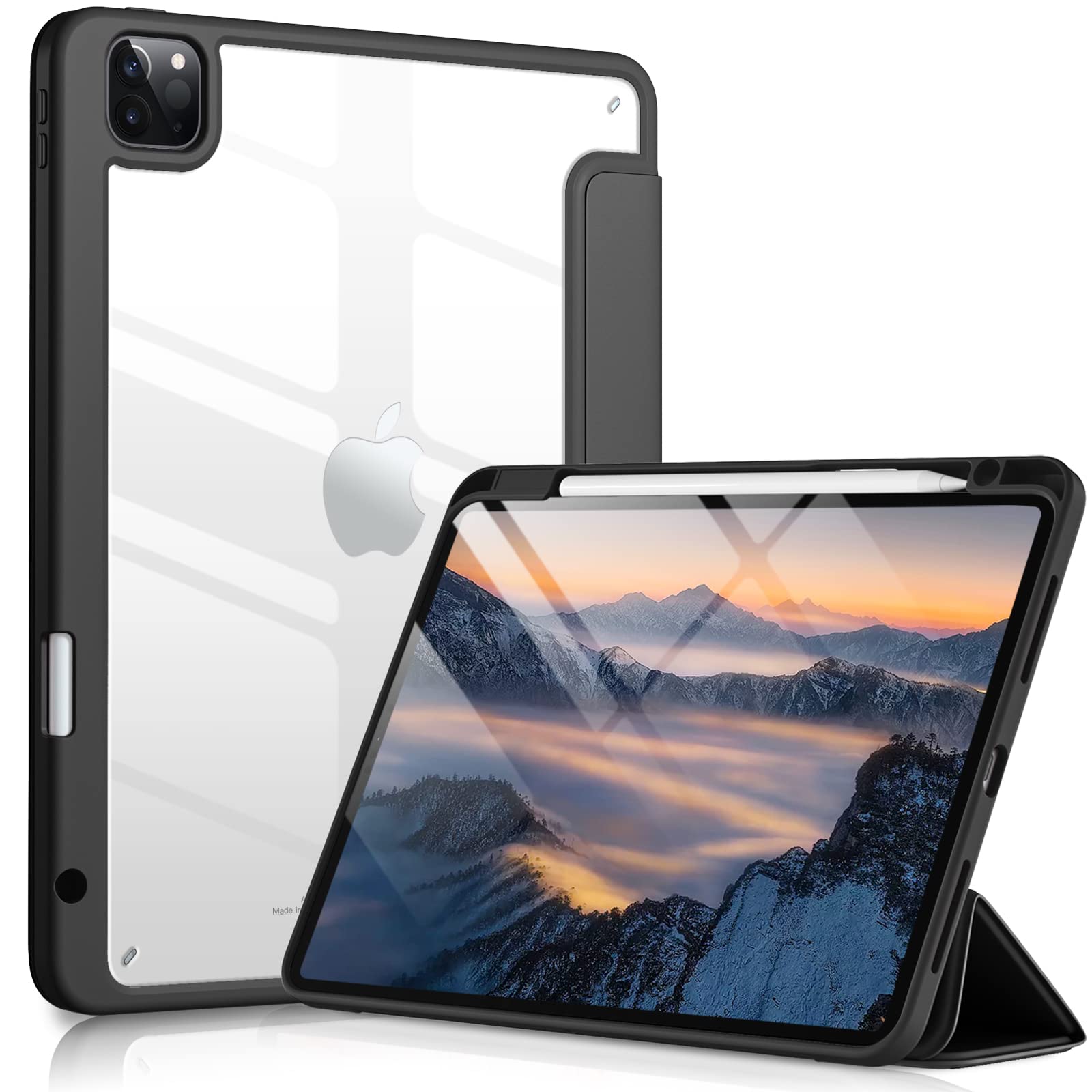 Dirrelo iPad Pro 11 Inch Case (4th/3rd/2nd Gen 2022-2020) - Shockproof Protective Cover with Pencil Holder & Clear Transparent Back Shell | Auto Sleep/Wake Function | Perfect for Work, Travel & School Use - Black