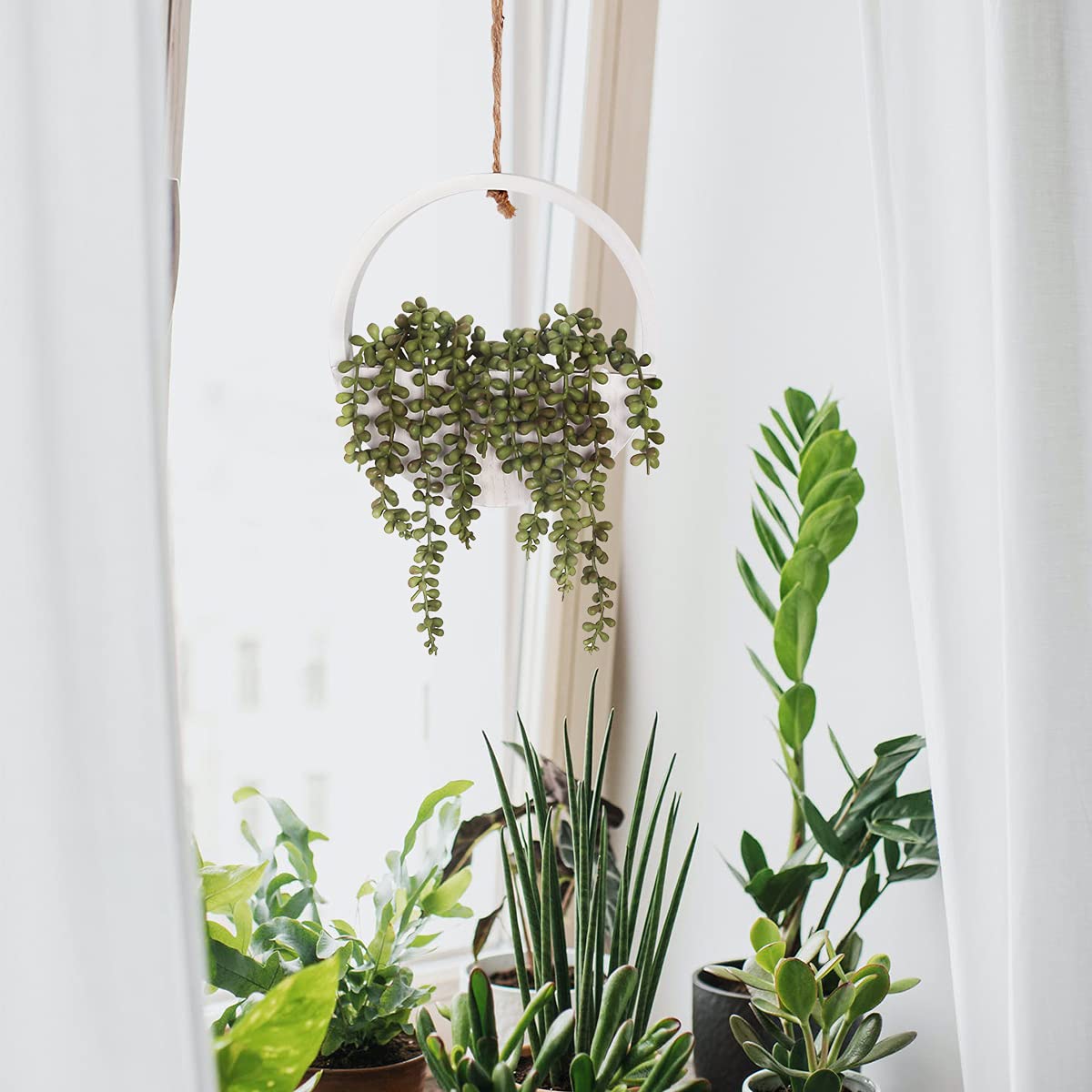 Floweroyal 2-Pack Artificial Succulents Hanging Plants - 12.2 Inch Fake String of Pearls in Pot with 8.3 Inch Lanyard for Indoor Outdoor Wall Decor - Perfect for Home Office Living Room Balcony & Garden Decoration