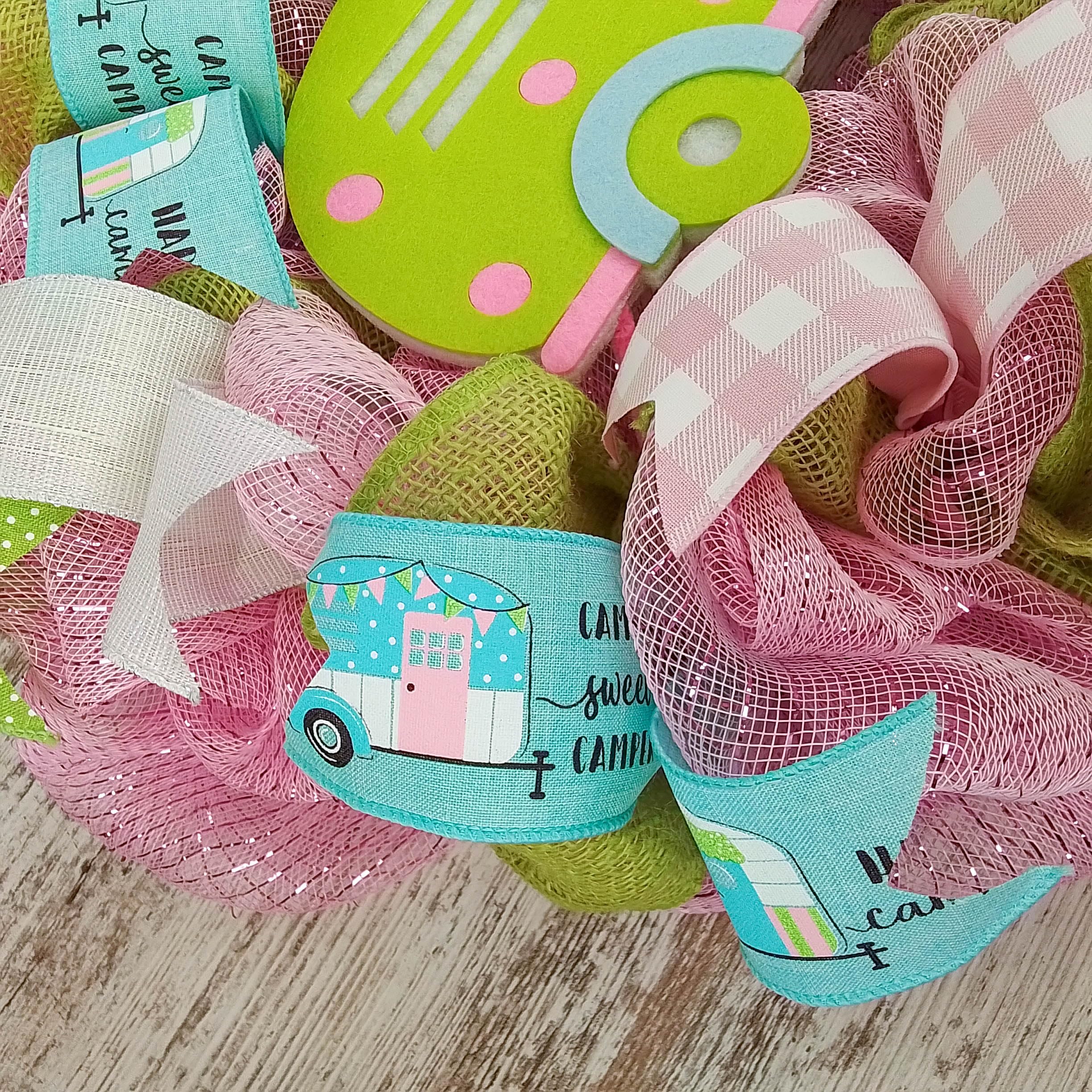 Camping Wreath - Decorative Mesh Wreath for Spring & Summer - Pink, Turquoise & Lime Green - Perfect for RV, Cabin & Outdoor Welcome Decor