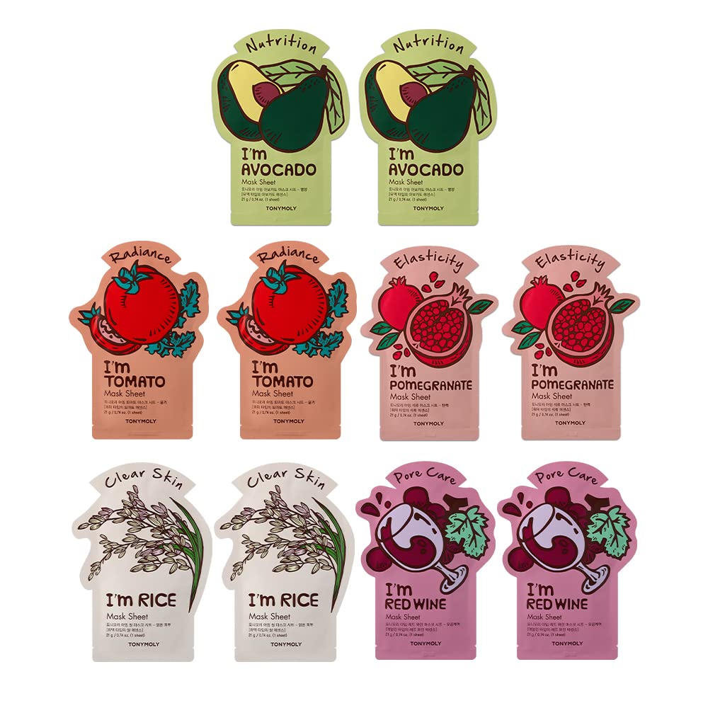 Tonymoly Super Food Face Sheet Mask Pack of 10 - Hydrating Facial Mask with Essence for Glowing Skin | Skin Radiance, Elasticity Boost & Pore Care | Korean Skincare for Daily Use, Spa Night & Self-Care Routine