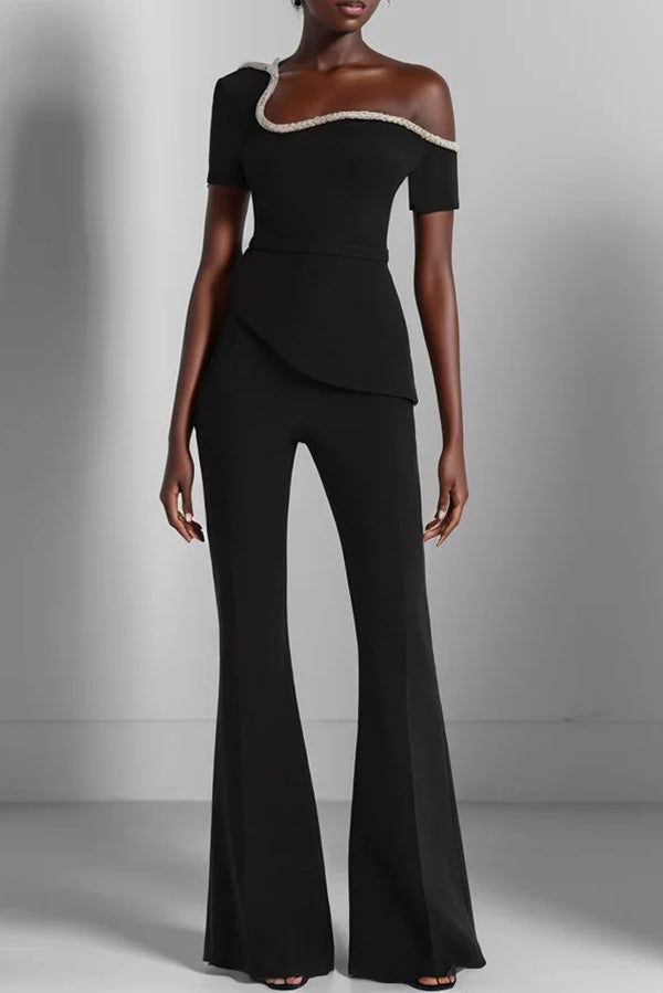 Stylish Solid Color Asymmetrical One-Shoulder Slim Waist Wide Leg Jumpsuit for Women | Perfect for Casual Outings, Parties & Summer Vacations