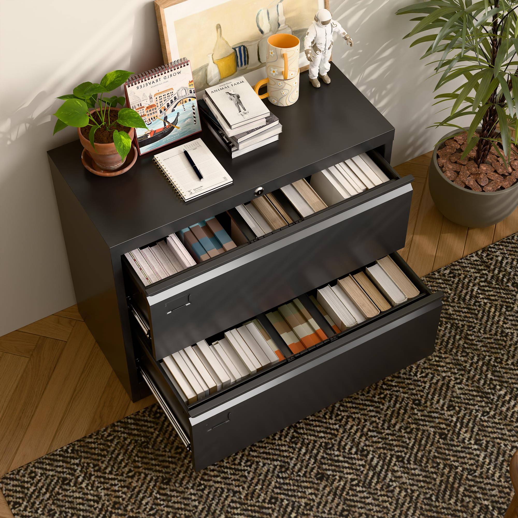 METAN 2-Drawer Metal Lateral Filing Cabinet - Locking Steel File Storage for Legal/Letter/A4 Documents - Black Home Office Organizer | Perfect for Office, Study Room & Home Workspace Organization