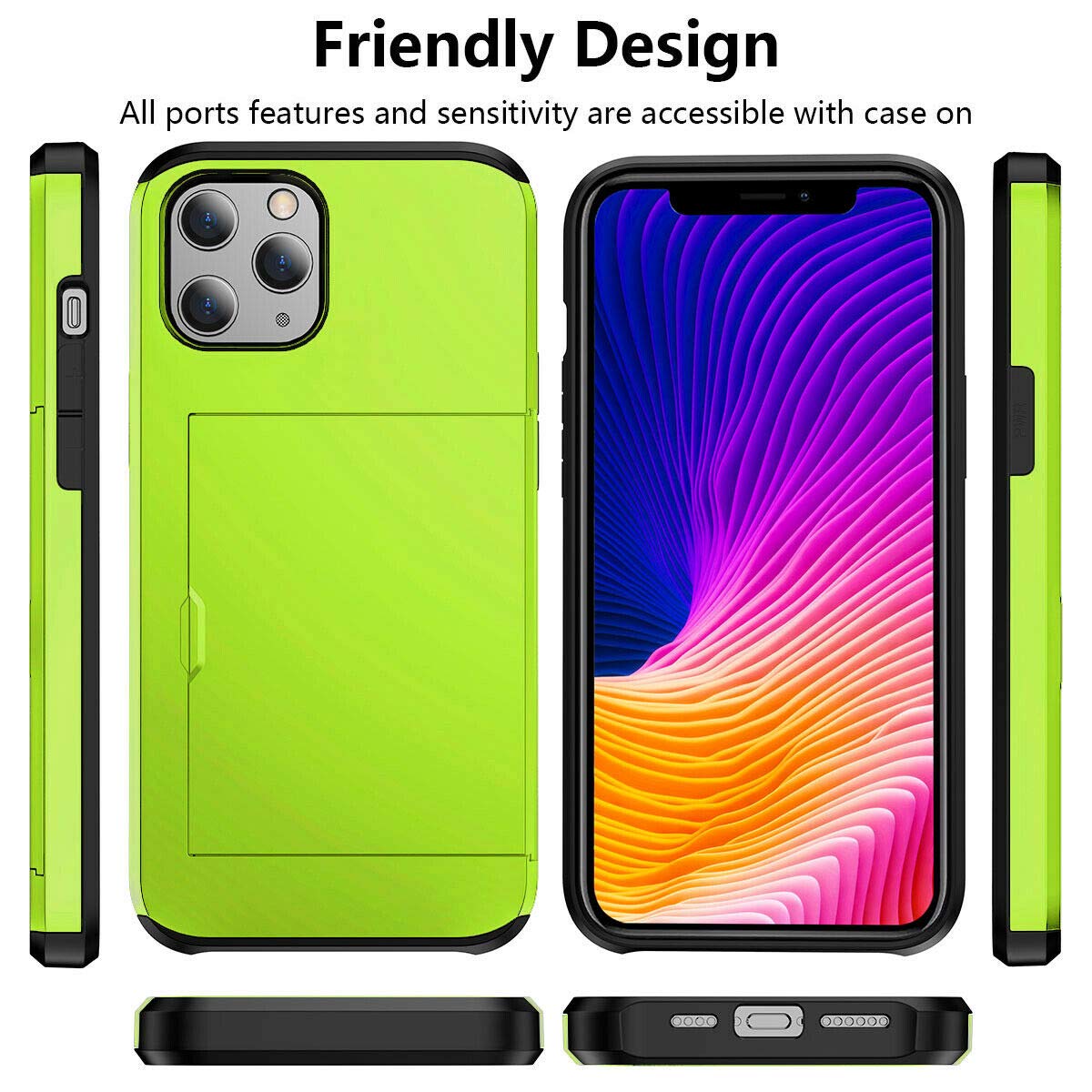 Ultra-Thin Shockproof Hard Back Silicone Case with Credit Card Holder for iPhone 12 Pro Max - Dual Layer Protective Design with ID Card Slot (Neon Green) | Perfect for Daily Use, Travel & Hands-Free Convenience