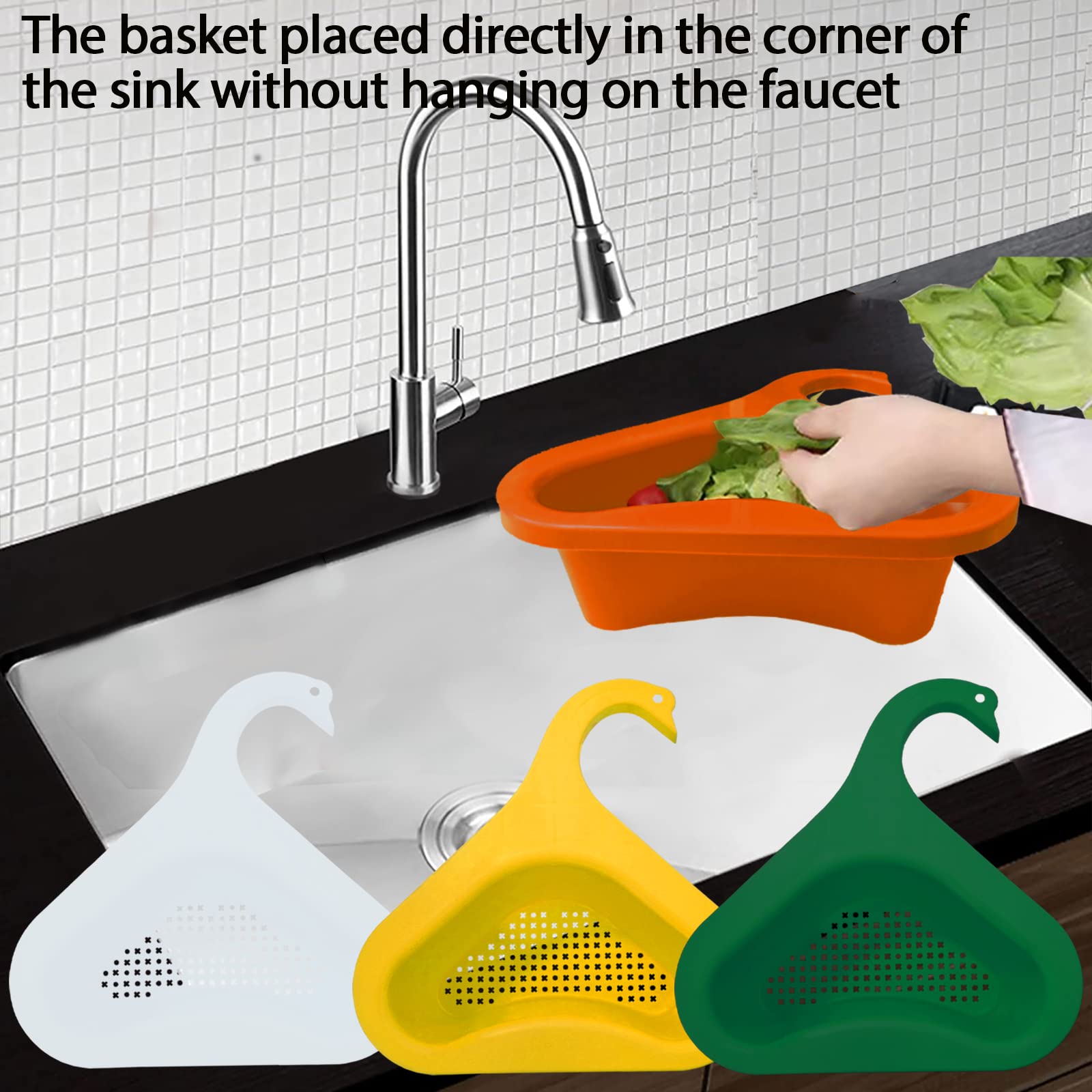 Swan Drain Basket for Kitchen Sink - 4 Pack Multifunctional Triangle Sink Filter, Vegetable & Fruit Drainer Rack, Kitchen Waste Drainer Basket - Perfect for Washing Produce, Draining Dishes, and Organizing Sink Area