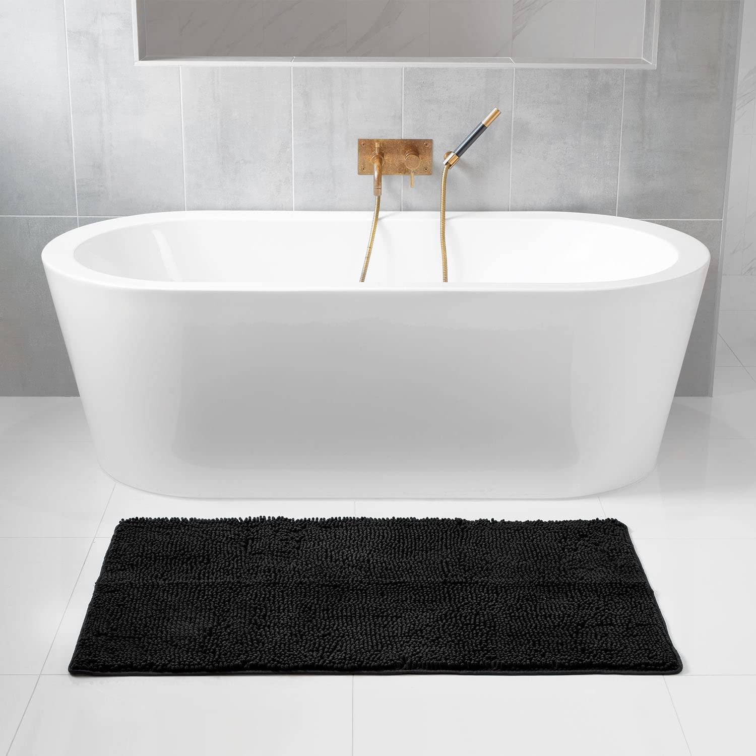 Premium Tafts Memory Foam Bathroom Rug - Ultra Soft Chenille Microfiber Bath Mat with Non-Slip Backing, Super Absorbent & Machine Washable - Shaggy Plush 27x47 Inch Bath Rug for Luxury Bathrooms (Midnight Black) - Perfect for Master Bath, Guest Bath & Spa-Like Showers