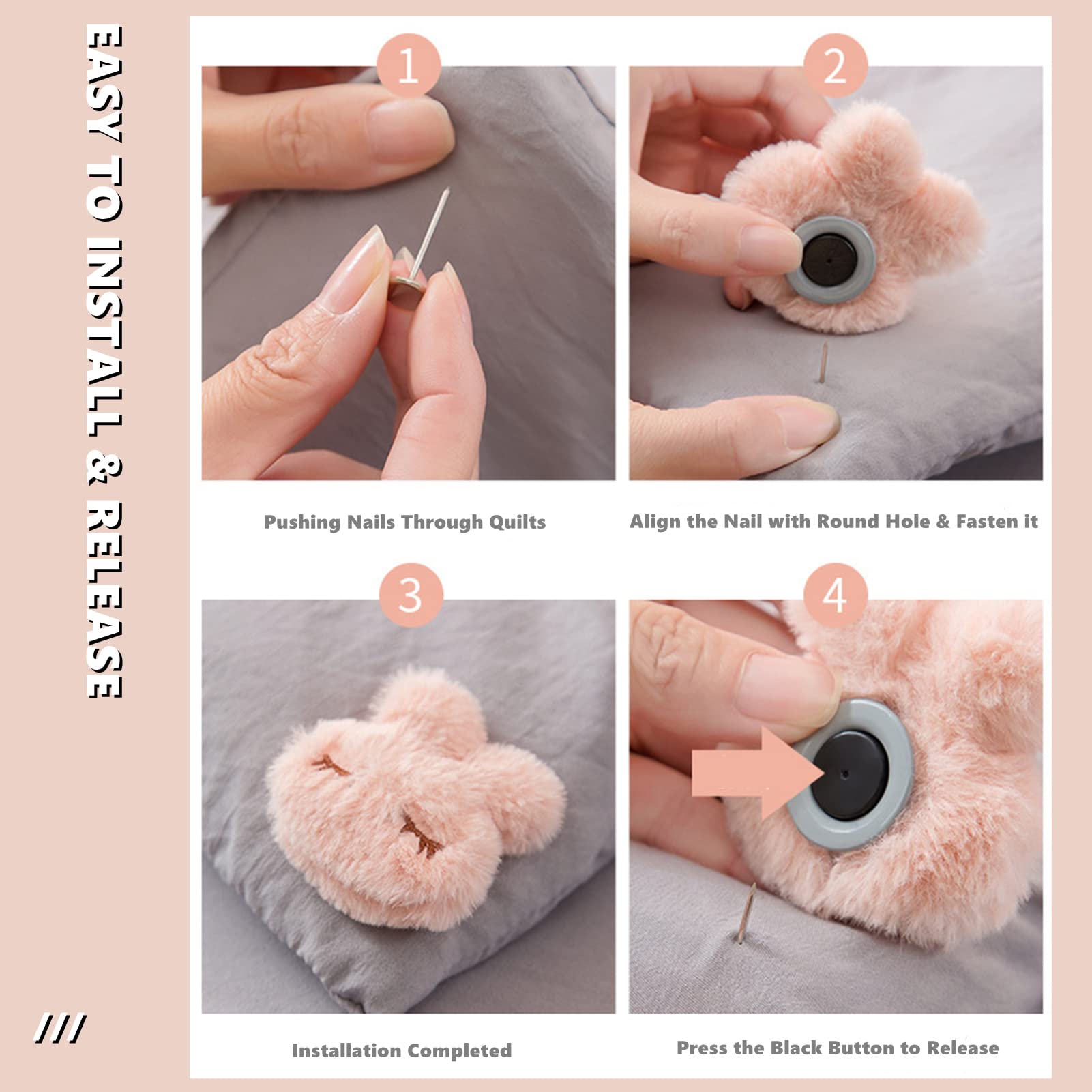 6-Piece Non-Slip Duvet Clips | Cotton Rabbit Quilt Cover Pins | Anti-Movement Comforter Fasteners | Bed Sheet Grippers for Quilts, Socks & Curtains | Pink | Perfect for Keeping Bedding in Place All Night